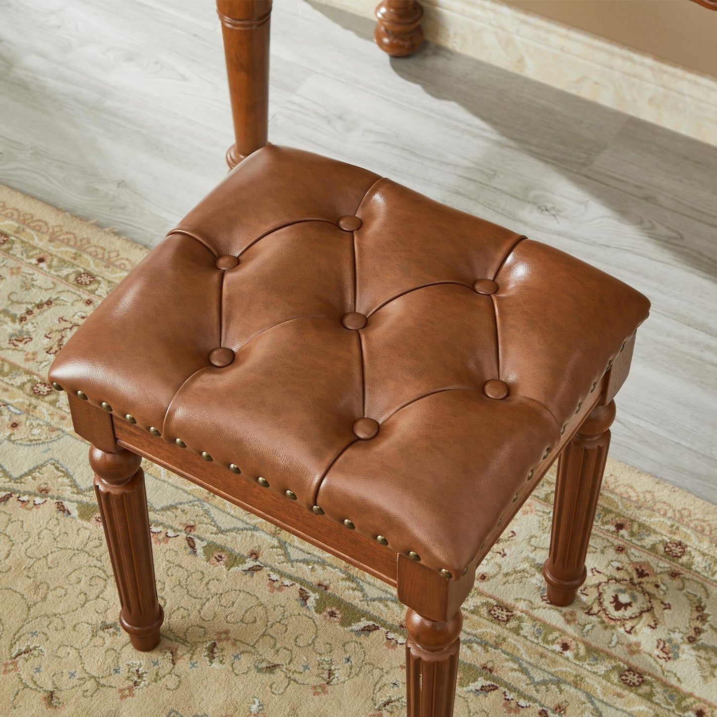 KIVSON Vanity Bench Stool with Microfiber Leather Cushion, Vanity Chair Ottoman Dressing Stool with Solid Wood Legs for Bedroom, Makeup Room, Dressing Room, Easy Assembly (Brown)