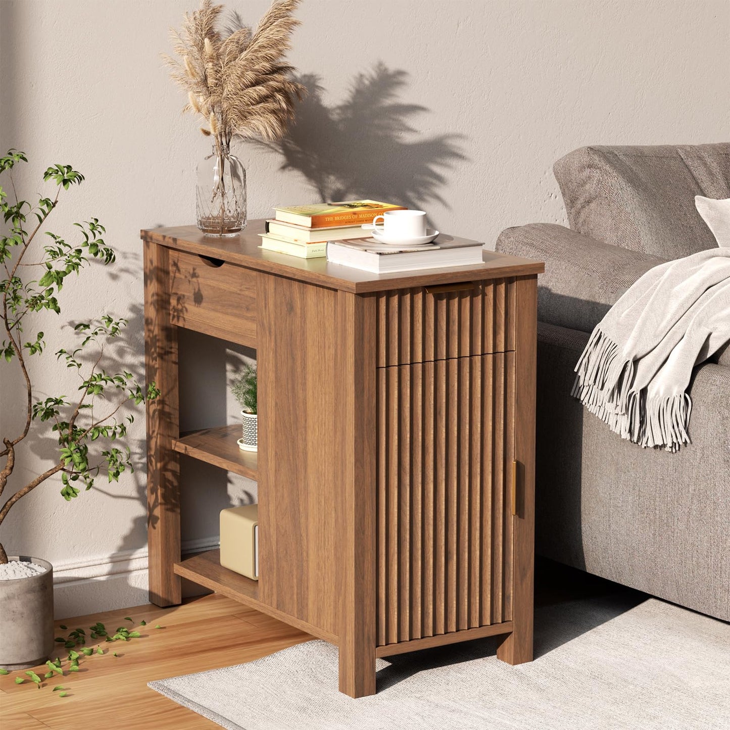 HSSZXFR End Table with Charging Station 24'' Nightstand with Charging Station Vintage Side Table with Storage Wooden Sofa Side Table and Outlets Bedside Table for Living Room Office Bedroom (Brown)