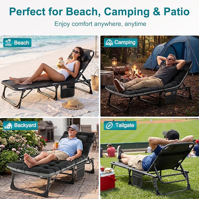 ABORON 2PK Oversized Chaise Lounge Chair, 5 Positions Padded Outdoor Tanning