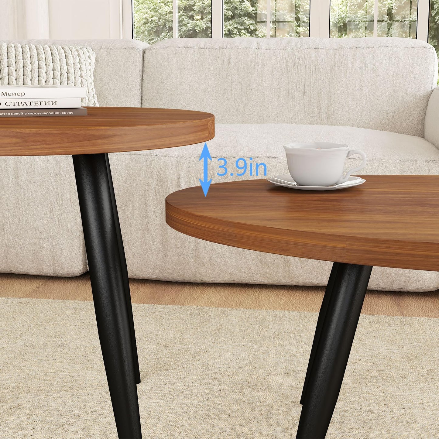 Permory 2-Piece Nesting Coffee Table Set, Oval & Round Mid-Century Modern Side Tables with MDF Tabletop & Metal Tapered Legs, Accent Table Set for Living Room, Small Spaces, Walnut