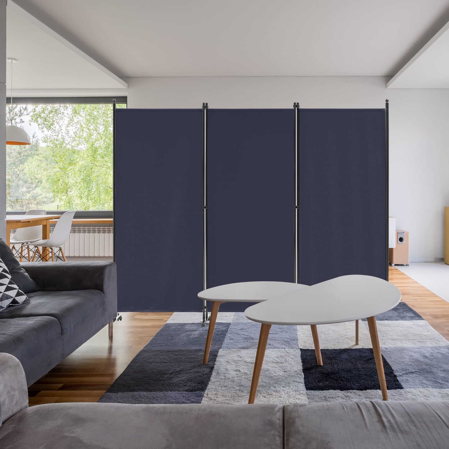 Spurgehom 3 Panel Rolling Room Divider, Folding Partition Privacy Screens, Freestanding Fabric Room Panel, Portable Folding Wall Divider for Office, Room, Restaurant, Hospital (Blue)