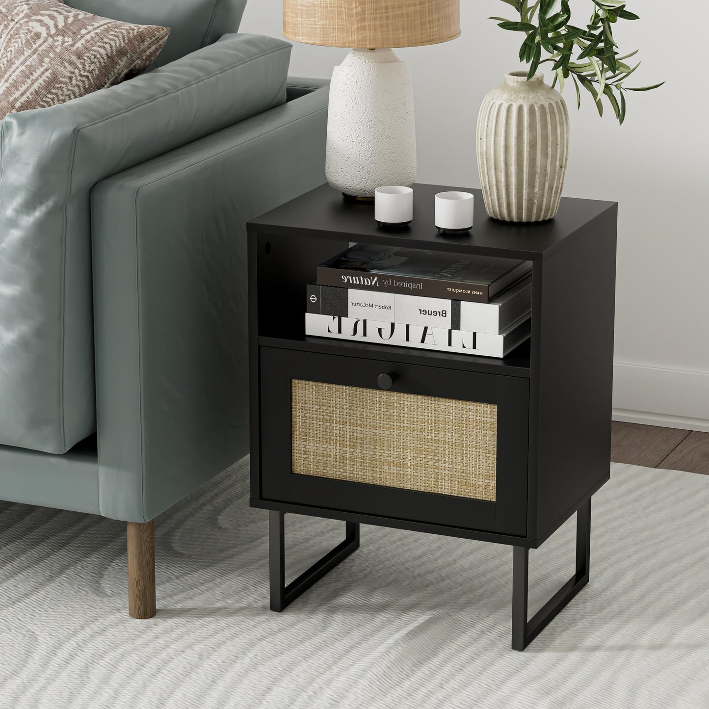 Masupu Rattan Nightstand,Modern Boho Farmhouse Wood Bedside Table with Storage Drawer and Open Shelf,Small Black Frame Side End Table for Bedroom,Living Room,Office (Black)