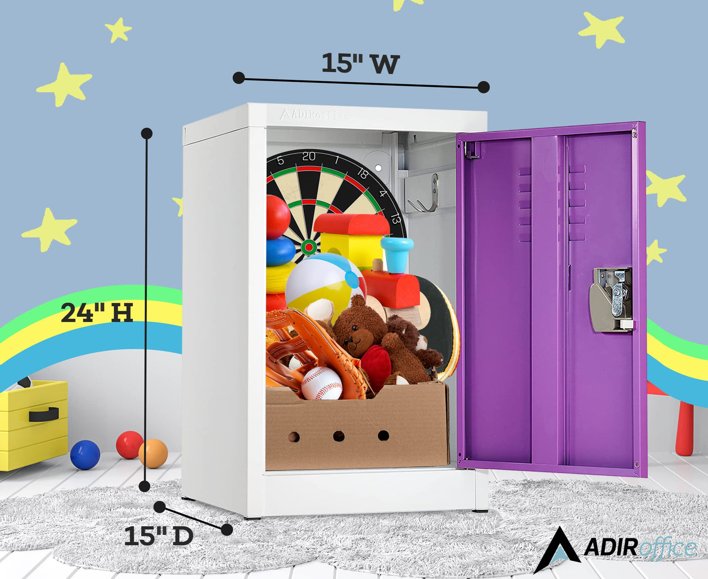 AdirOffice Kids Steel Metal Storage Locker - for Home & School - with Key & Hanging Rods (24 in 1 Door, Purple)