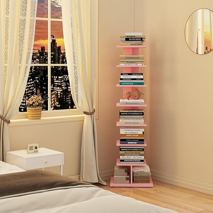 TUTOTAK Bookshelf, 8-Tier Bookcase, Narrow Spine Book Shelf