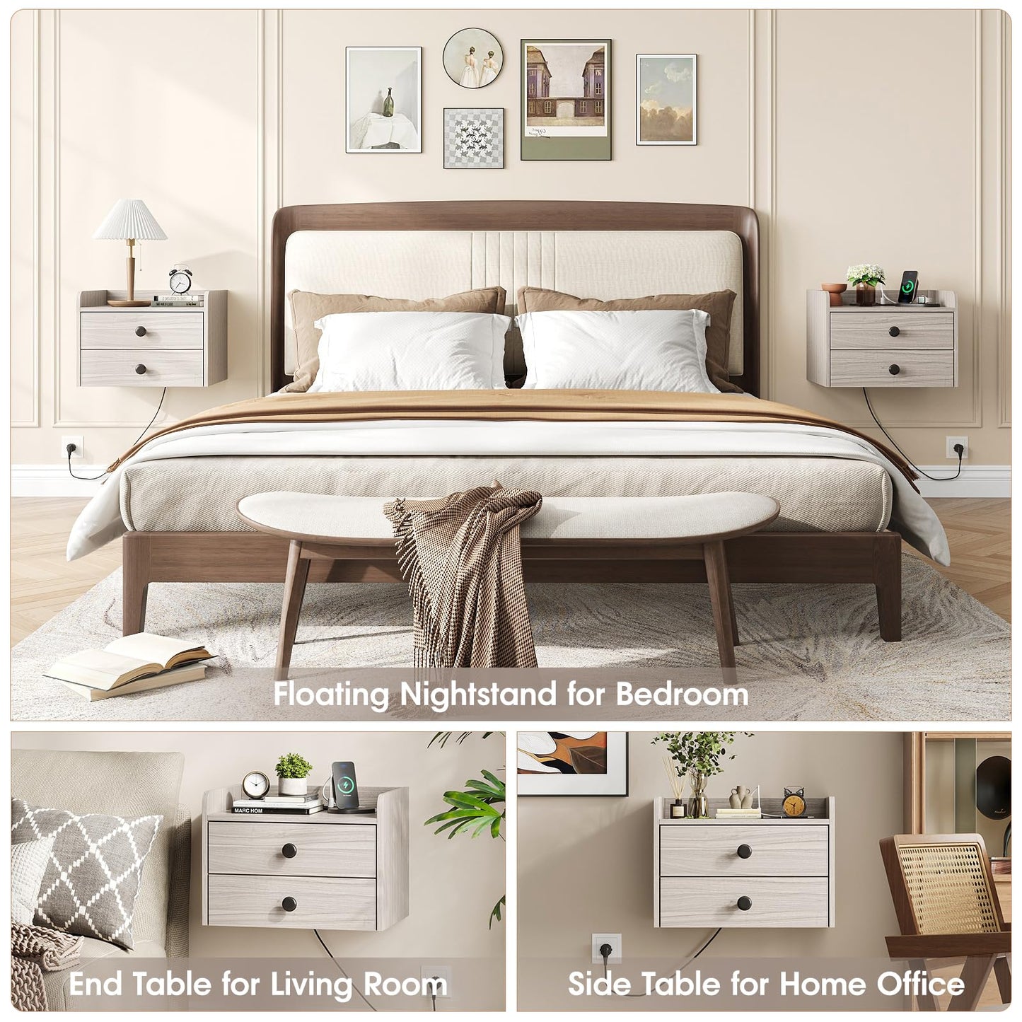 Floating Nightstand Set of 2 with 2 Storage Drawers and Charging Station Wood Wall Mounted Bedside End Table Modern Night Stands Set 2 for Bedroom,Small Space,Grey Black
