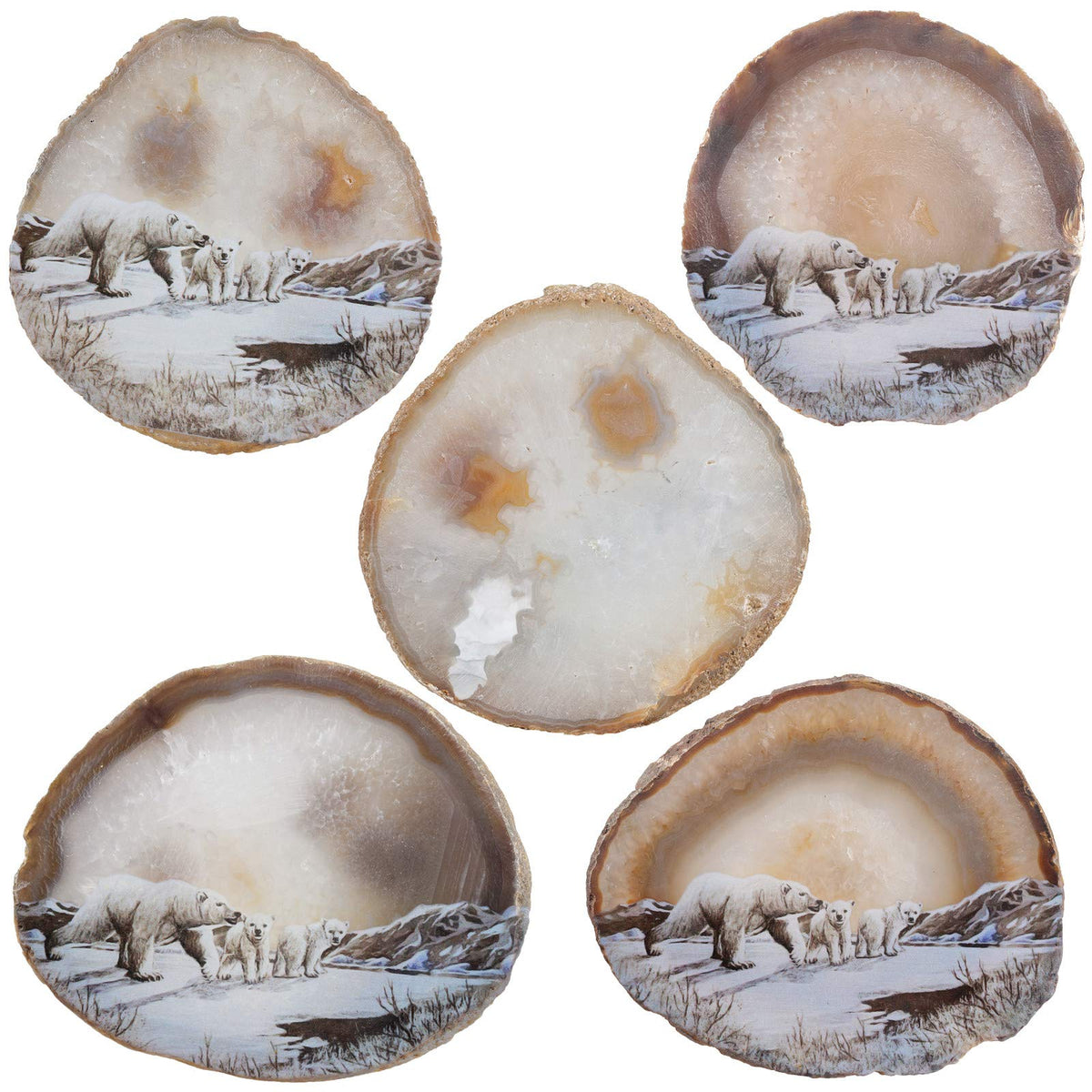Rockcloud Polar Bears Agate Slab Display with Wooden Stand Irregular Shape Aagte Slice Stone Home Office Desk Ornament