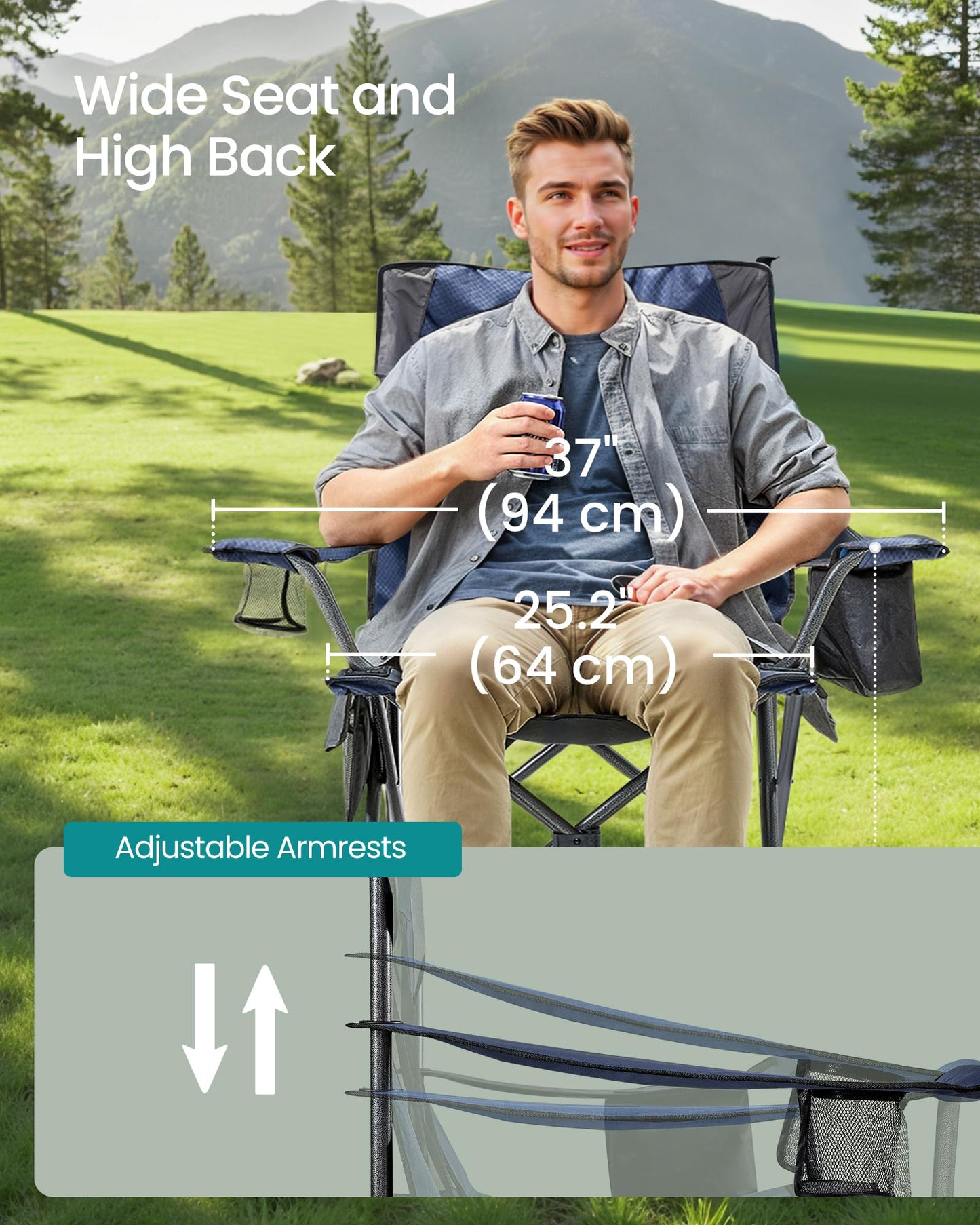 SONGMICS Camping Chair, Folding Oversized Chair, Comfortable and Heavy-Duty, 352 lb Weight Capacity, Adjustable Armrests with Cooler Bag, Storage Bag, Breathable Mesh, Bijou Blue UGCB060Q01