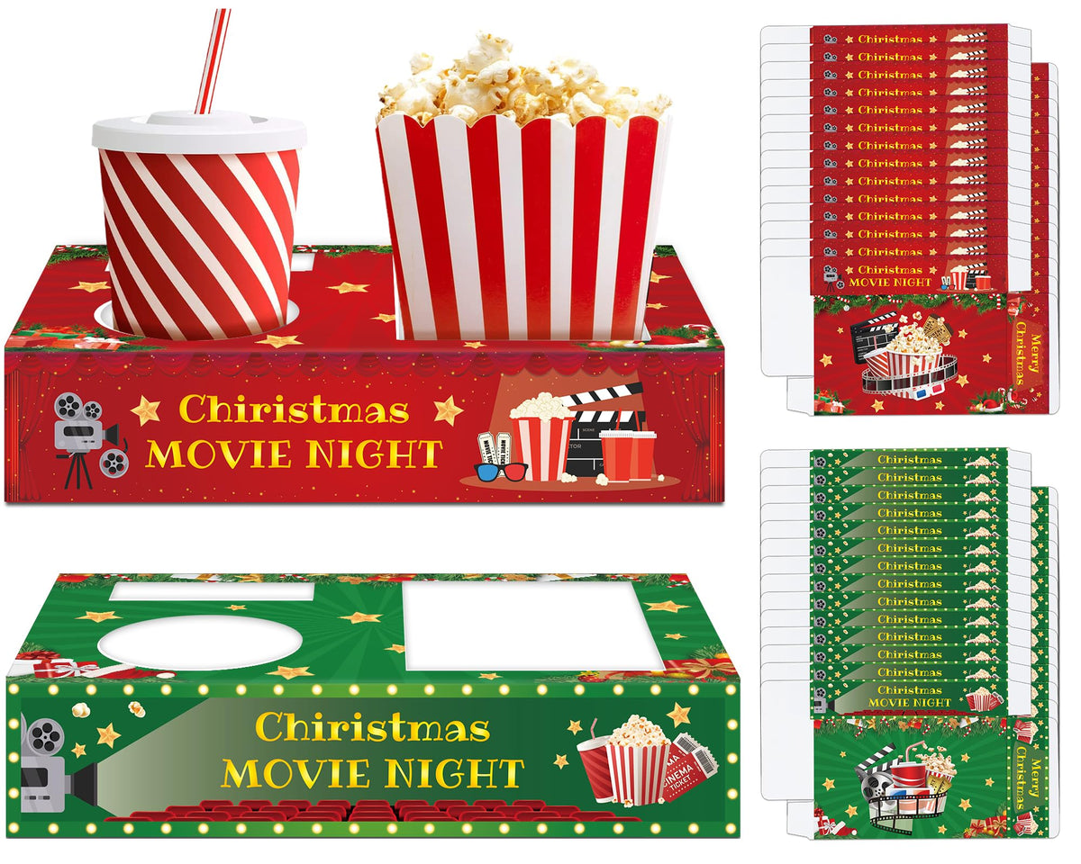 32 Pcs Movie Night Snack Trays Hold Popcorn Candy Food Drink Boxes Merry Christmas Movie Night Party Supplies Christmas Popcorn Food Candy Drink Tray for Kid's Birthday Theater Family Xmas Party Decor