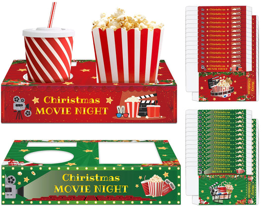 32 Pcs Movie Night Snack Trays Hold Popcorn Candy Food Drink Boxes Merry Christmas Movie Night Party Supplies Christmas Popcorn Food Candy Drink Tray for Kid's Birthday Theater Family Xmas Party Decor