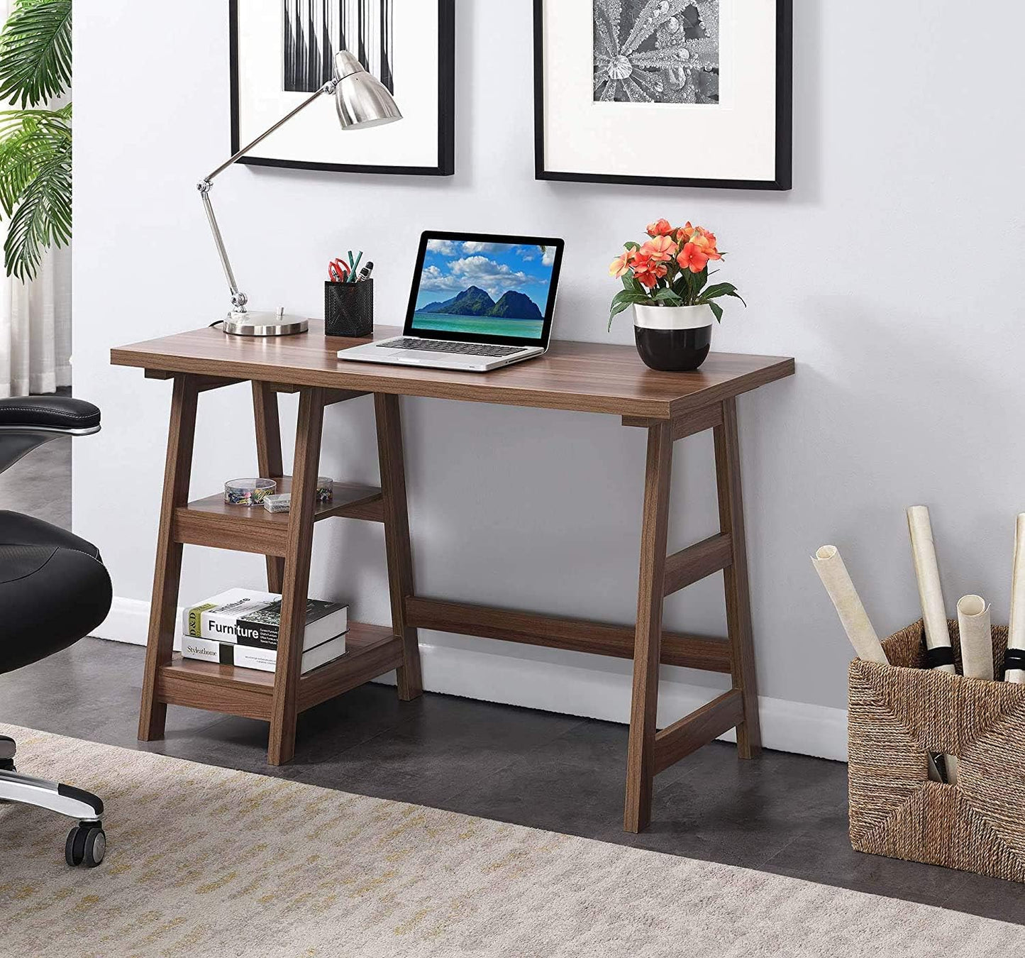Convenience Concepts Designs2Go Trestle Desk 47" - Modern Desk or Vanity with Shelves, for Office, Dorm, Living Room, Cappuccino