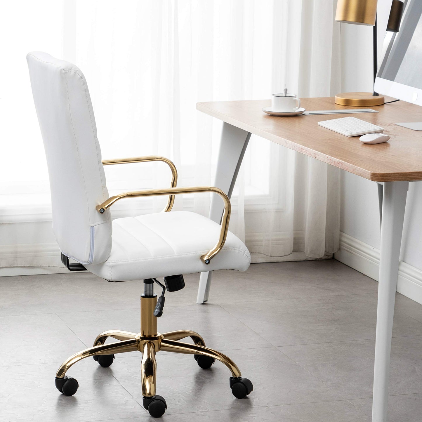 BTEXPERT White Ergonomic Faux Leather Adjustable Home Office Arm Chair Golden Finish (5162)