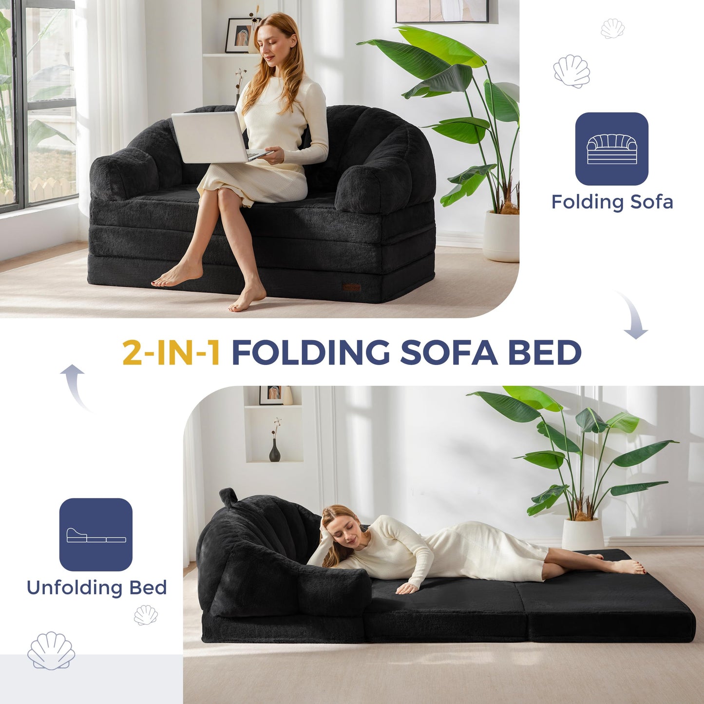 MAXYOYO Folding Sofa Bed, 2 in 1 Convertible Sofa to Lounger Comfy Loveseat Bean Bag Chair for Adults, Floor Couch with Handle, Faux Fur Couch Bed for Living Room Bedroom, Black, Loveseat