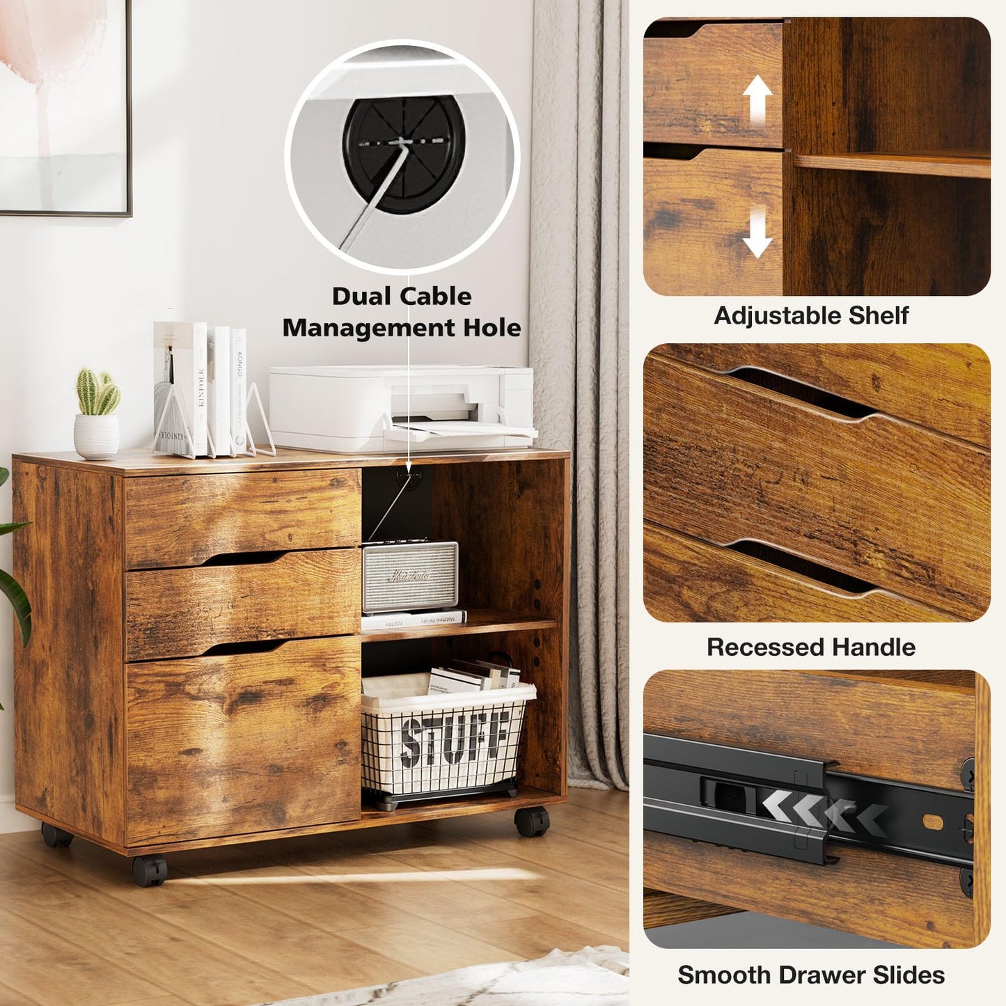 DUMOS Rolling File Cabinet with 3 Drawers, Wood Under Desk Printer Stand with Wheels and Adjustable Shelves, Lateral Filing Cabinet for Home Office, Small Space Storage Organizer, Brown