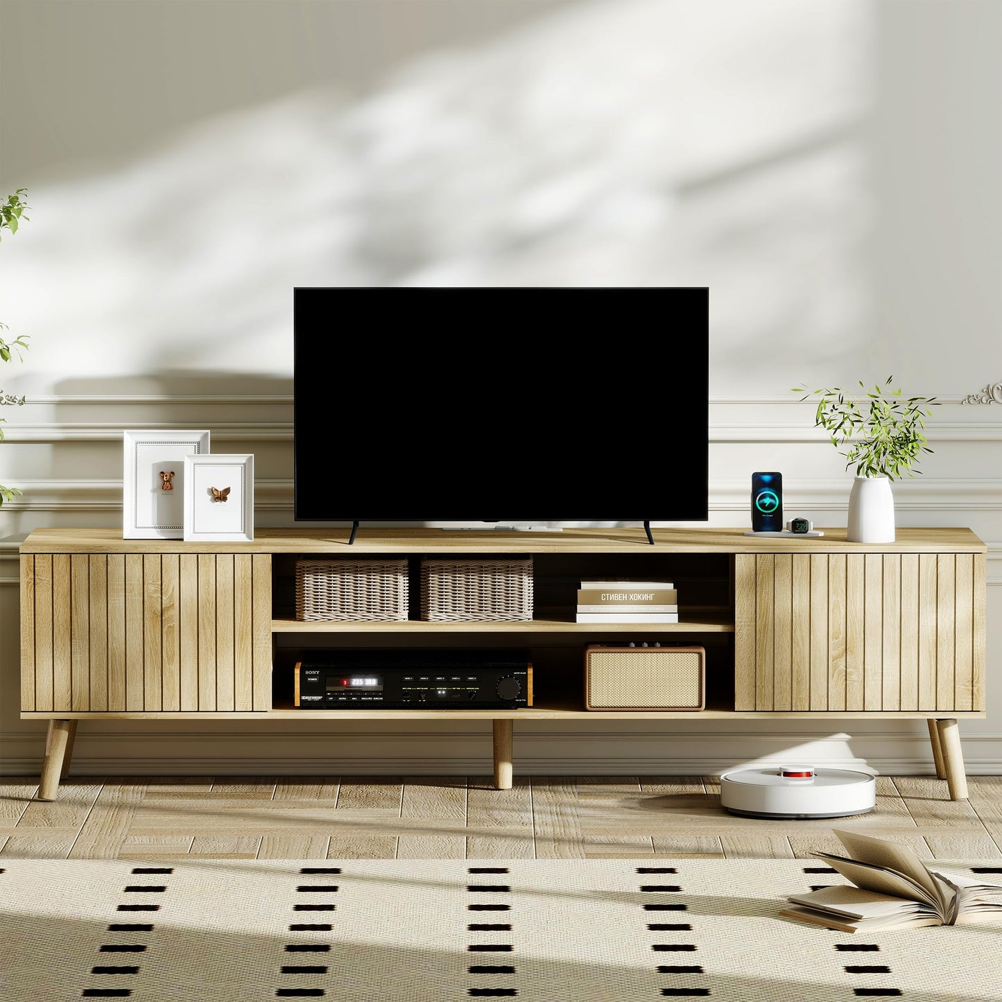 YOSHOOT TV Stand for 75 inch TVs, Mid Century Modern Entertainment Center with Power Outlet,Fluted Media Console with Open Shelves and Storage Cabinets for Living Room & Bedroom, Natural