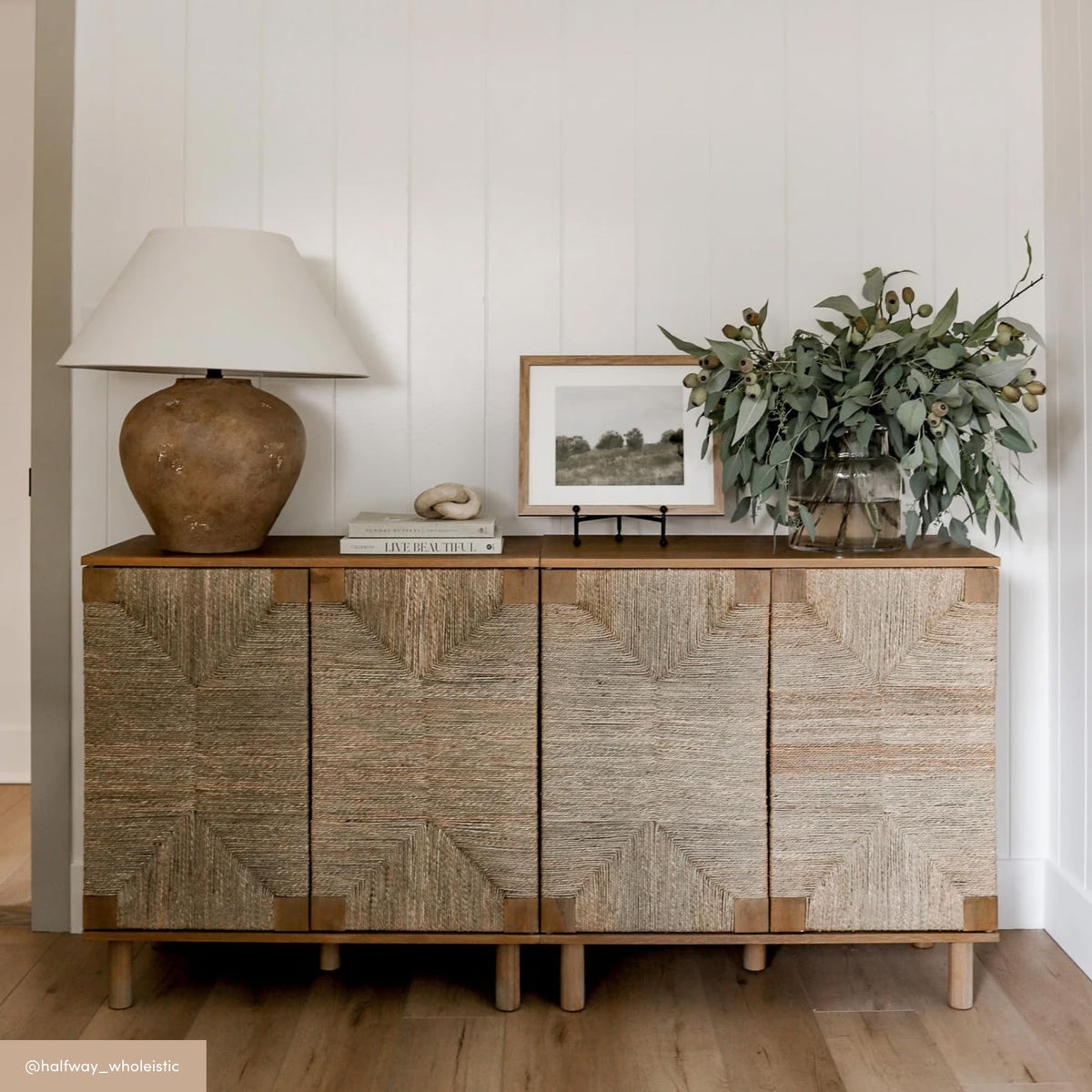 Nathan James Beacon Accent Natural Sideboard Storage Cabinet TV Stand in Light Wood with Adjustable Interior Shelf and Seagrass Doors, for Hallway, Entryway or Dining Room, Light Brown, Set of 2