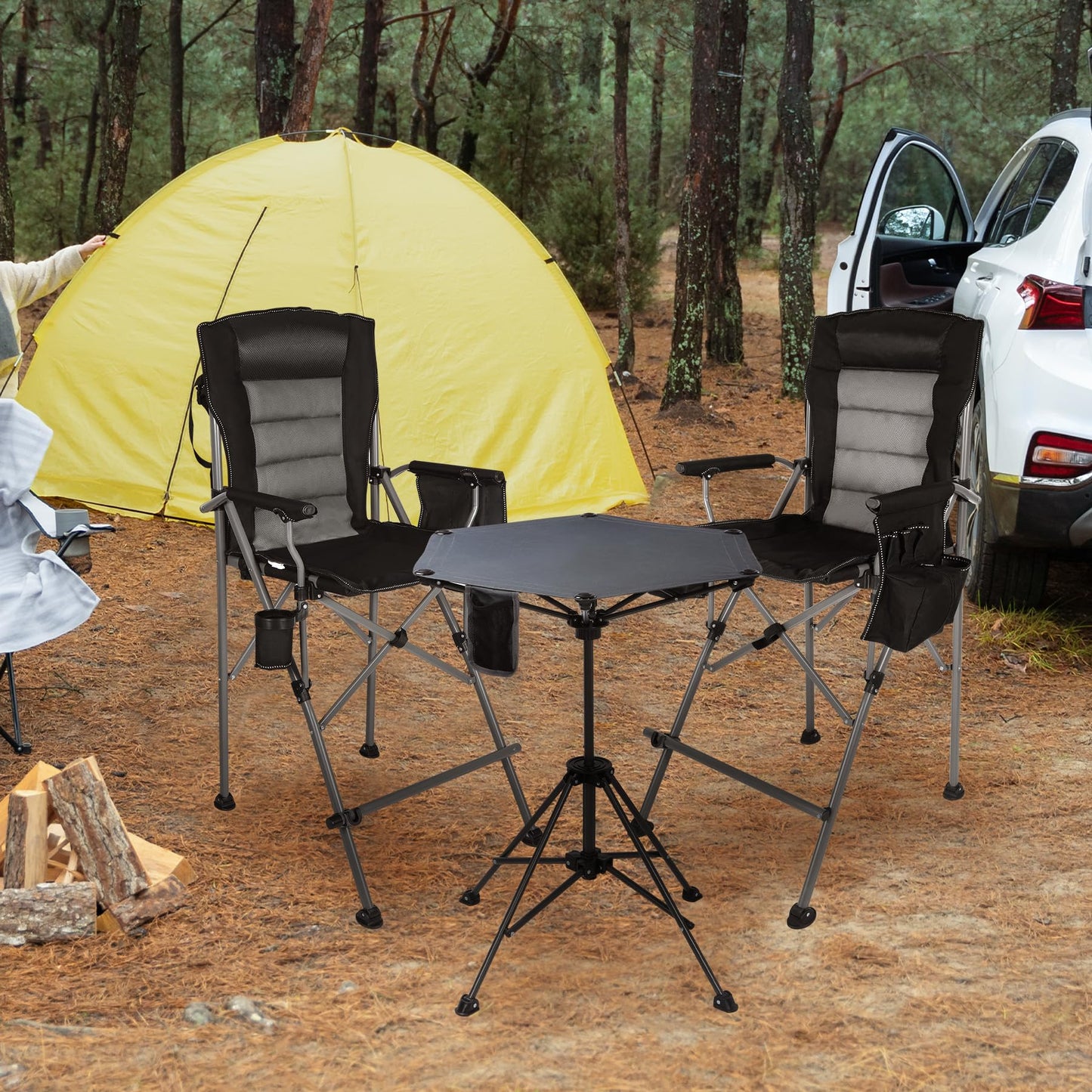 Stonehomy Extra Tall Folding Chairs 2 Pack & Adjustable Height Folding Table Set, Portable Outdoor Bar Table & Foldable Director Chairs with Makeup Pocket for Backyard,Beach,Travel with Storage Bag