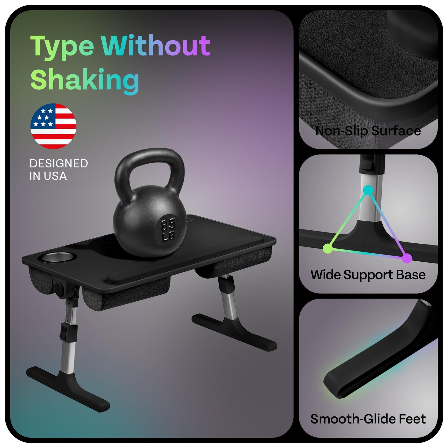 SHIRLIZ Lap Desk with Legs & Cushions: 2-in-1 Foldable Bed Desk for Adults - One-Touch Height Adjustment, Bed Table Tray Hold: up to 15.6“ Laptop, Mouse Cup Phone - Laptop Stand Desks for Bed (Black)