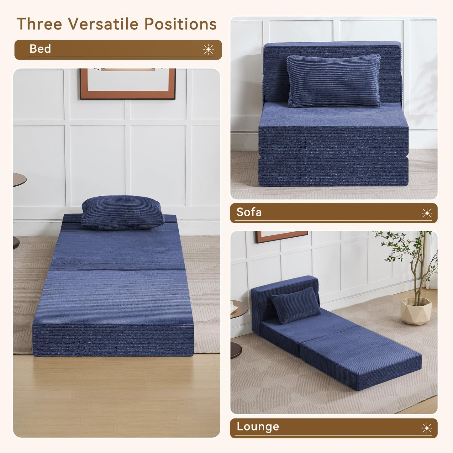 WUTUTUEE Folding Sofa Bed Convertible Floor Couch Foldable Chair Bed with Pillow，Linen Sleeper Chair Futon,Foldable Memory Foam Mattress for Bedroom/Living Room/Dorm/Office (Corduroy Navy, Single)