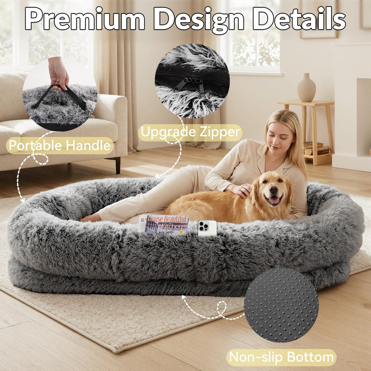 XL Human Dog Bed 71"x 44"x 12.5" Cozy Giant Floor Bed for Adults, Soft Faux Fur Human Sized Dog Bed with Washable Removable Cover, Side Pocket & Blanket, Black Grey