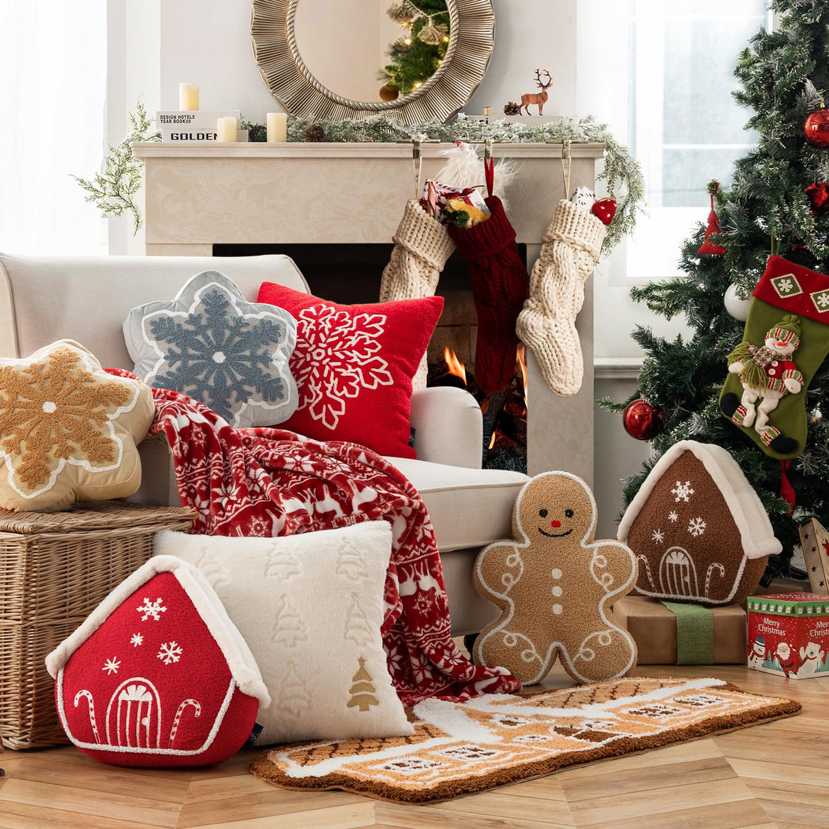 Phantoscope Gingerbread House Merry Christmas Throw Pillow, Plush Faux Rabbit Fur Roof Embroidered Teddy Gingerbread House Shaped Pillows Xmas Decorative Cushion Pillows, Red, 12 x 13 inches