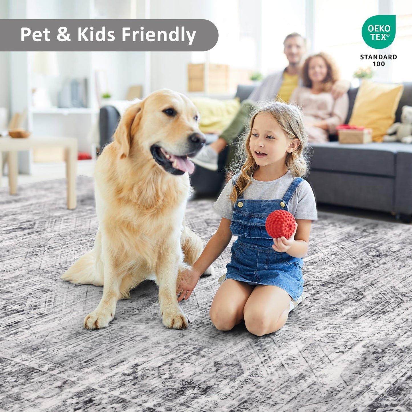 Suconsun 8' x 10' Area Rug, Washable Non-Slip Vintage Low-Pile Faux Wool Carpet, Soft Pet Friendly Farmhouse Rug for Living Room Bedroom Dining Room, Grey