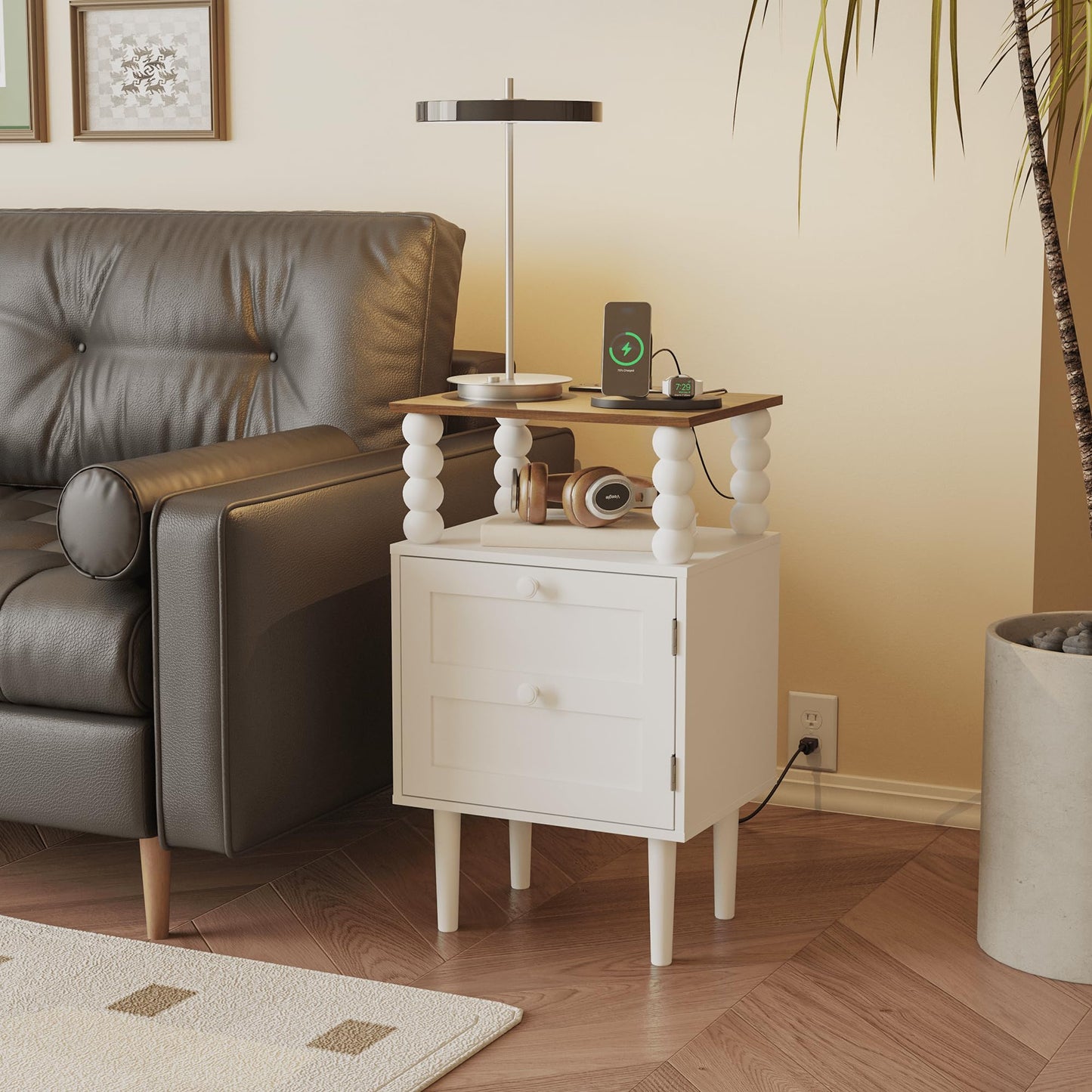 Veegle White Nightstand with Charge Station,Modern Bedside Table with Storage Drawer and Open Wood Shelf, for Bedroom and Small Spaces,Night Stand with Solid Wood Legs (White)