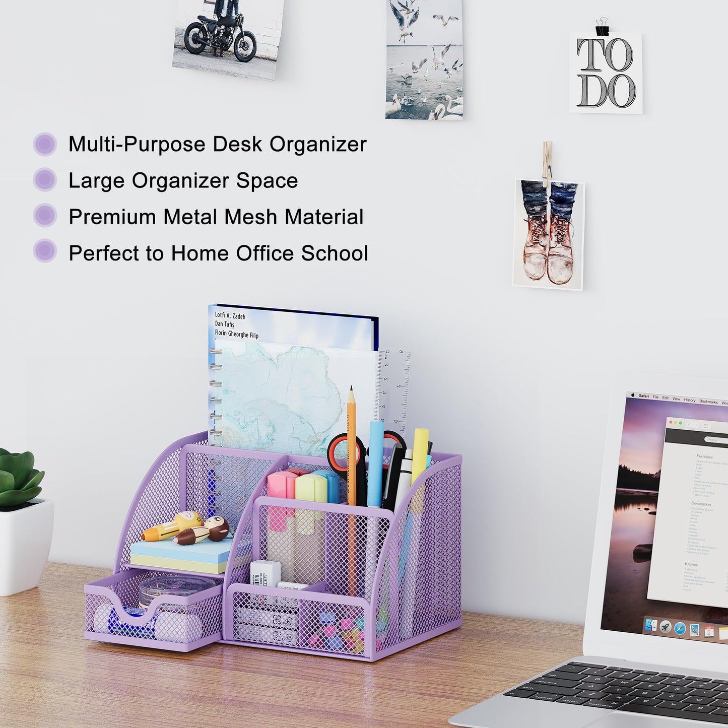 EasyPAG Mesh Desk Organizer with Drawer Multi-functional Pen Holder Stationery Organizer for Office School Supplies 6 Compartments Dorm Organizers and Storage for Desk, Light Purple