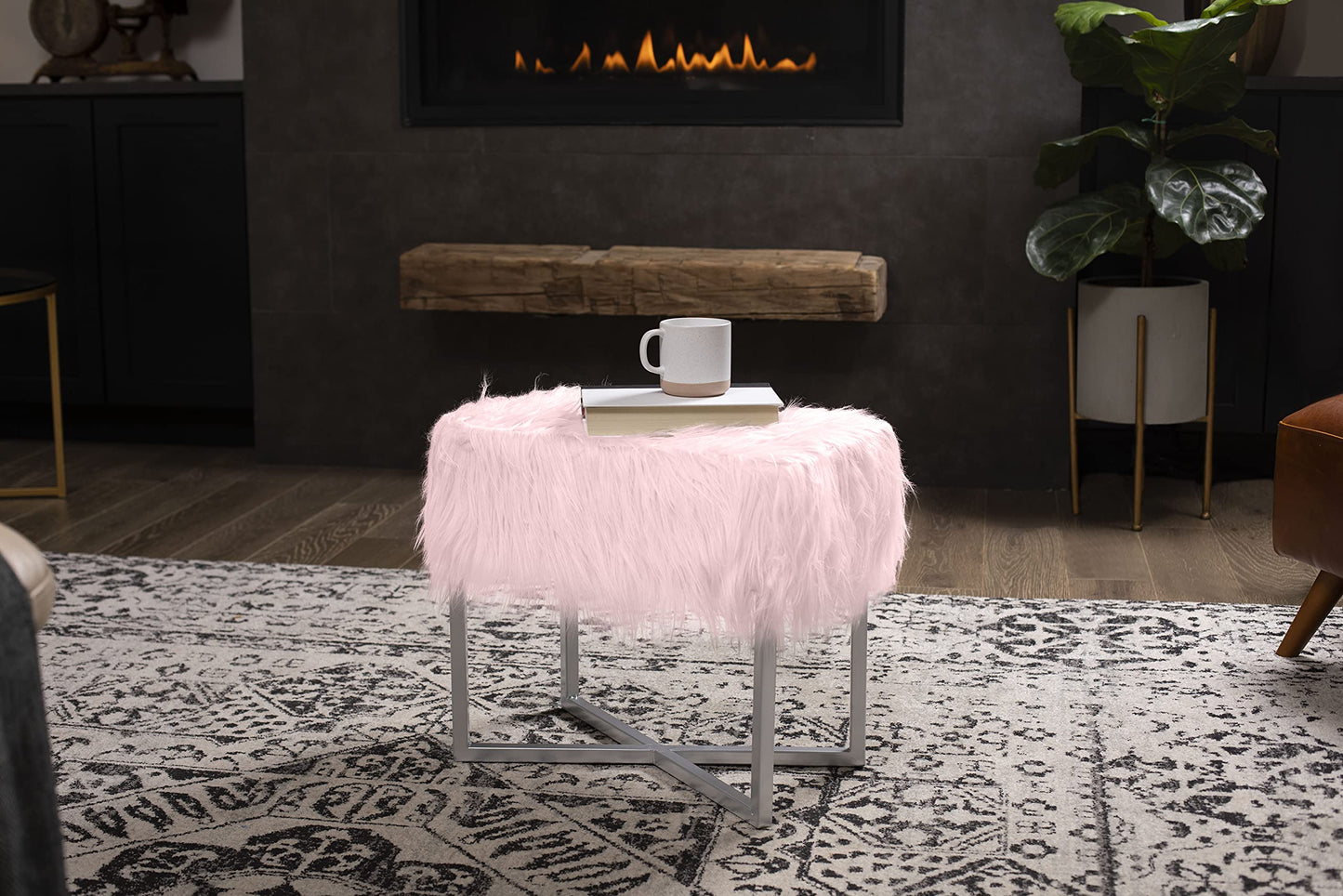 BIRDROCK HOME Rectangular Faux Fur Vanity Foot Stool Ottoman with Metal Legs - Small Soft Padded and Fluffy Makeup Seat or Foot Rest for Bedroom, Desk, or Dressing Table (Pink and White)
