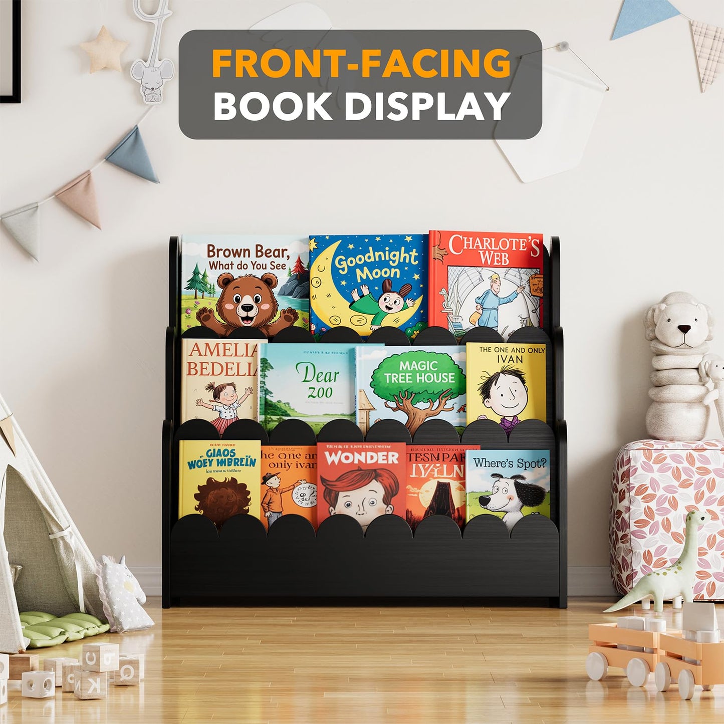 SpaceAid 3-Tier Scalloped Bookshelf, Montessori Bookcase for Toddlers, Wooden Book Shelf Organizer Display Furniture for Kids Rooms, Playroom, Nursery and Classroom, Black