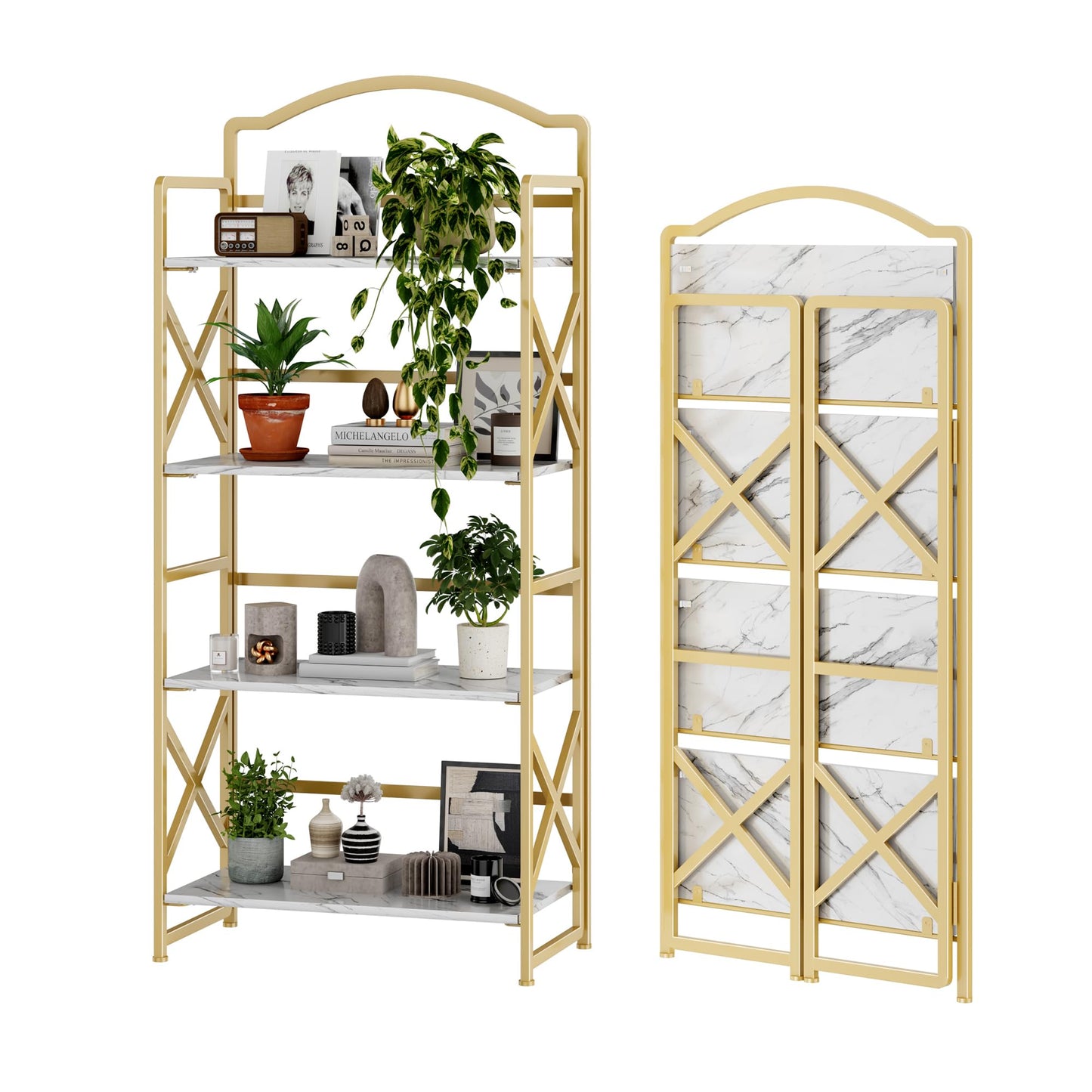 BHG Vintage Multifunctional Folding Bookshelf, No-Assembly Plant Stand Storage Rack Shelves for Home Office