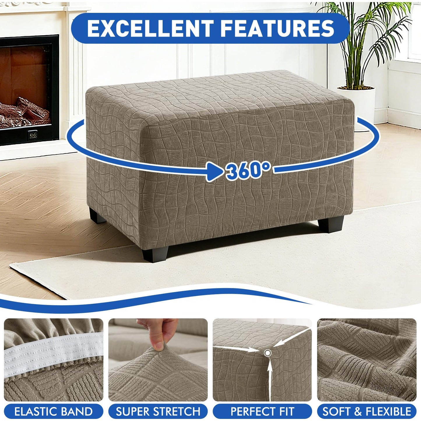 MAXIJIN Waterproof Ottoman Cover Rectangle Stretch Ottoman Slipcovers Square Thick Stool Covers Storage Footrest Furniture Protector with Non-Slip Elastic Bottom (Small, Khaki)