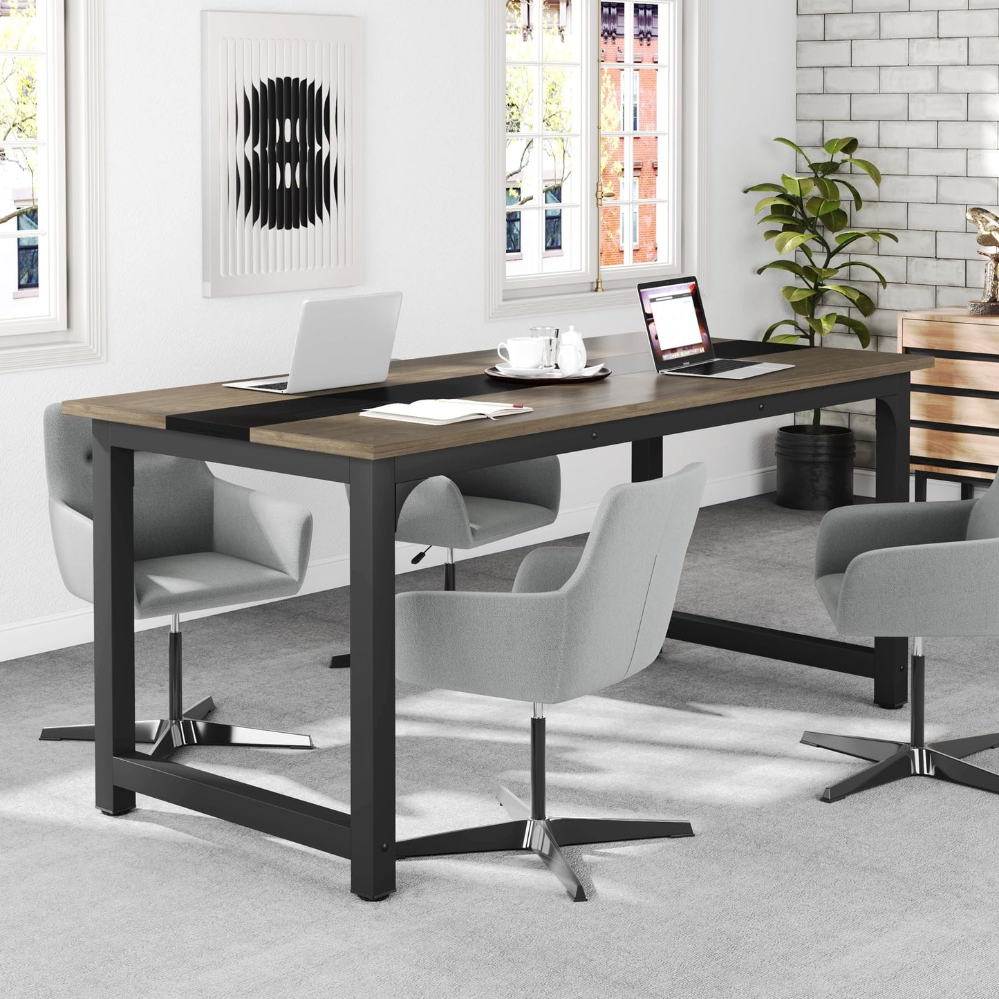 Tribesigns 70.8” Executive Desk, Large Office Computer Desk with Thicken Frame, Modern Simple Workstation Business Furniture for Home Office, Vintage Grey/Black