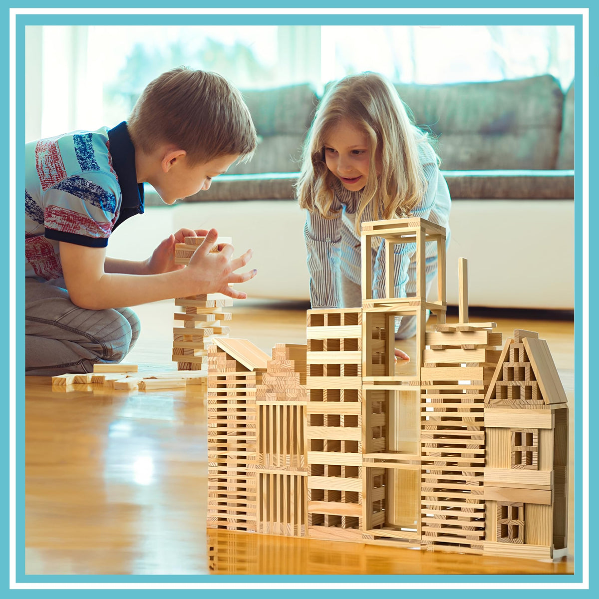 Play Build Wooden Building Blocks Set - 200-Piece Plank Block Construction Toys, STEM Educational Wood Toy for Kids and Toddlers
