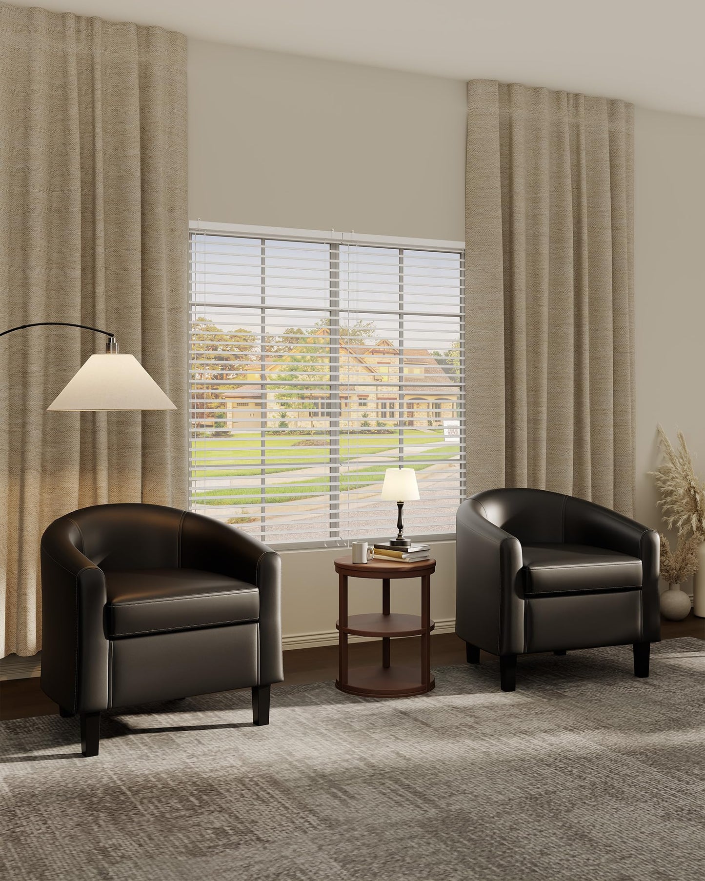 Garvee Living Room Chairs Accent Barrel Chairs Set of 2 Faux Leather Club Armchairs with Soft Padded Seat for Bedroom Waiting Reading Room(Black)