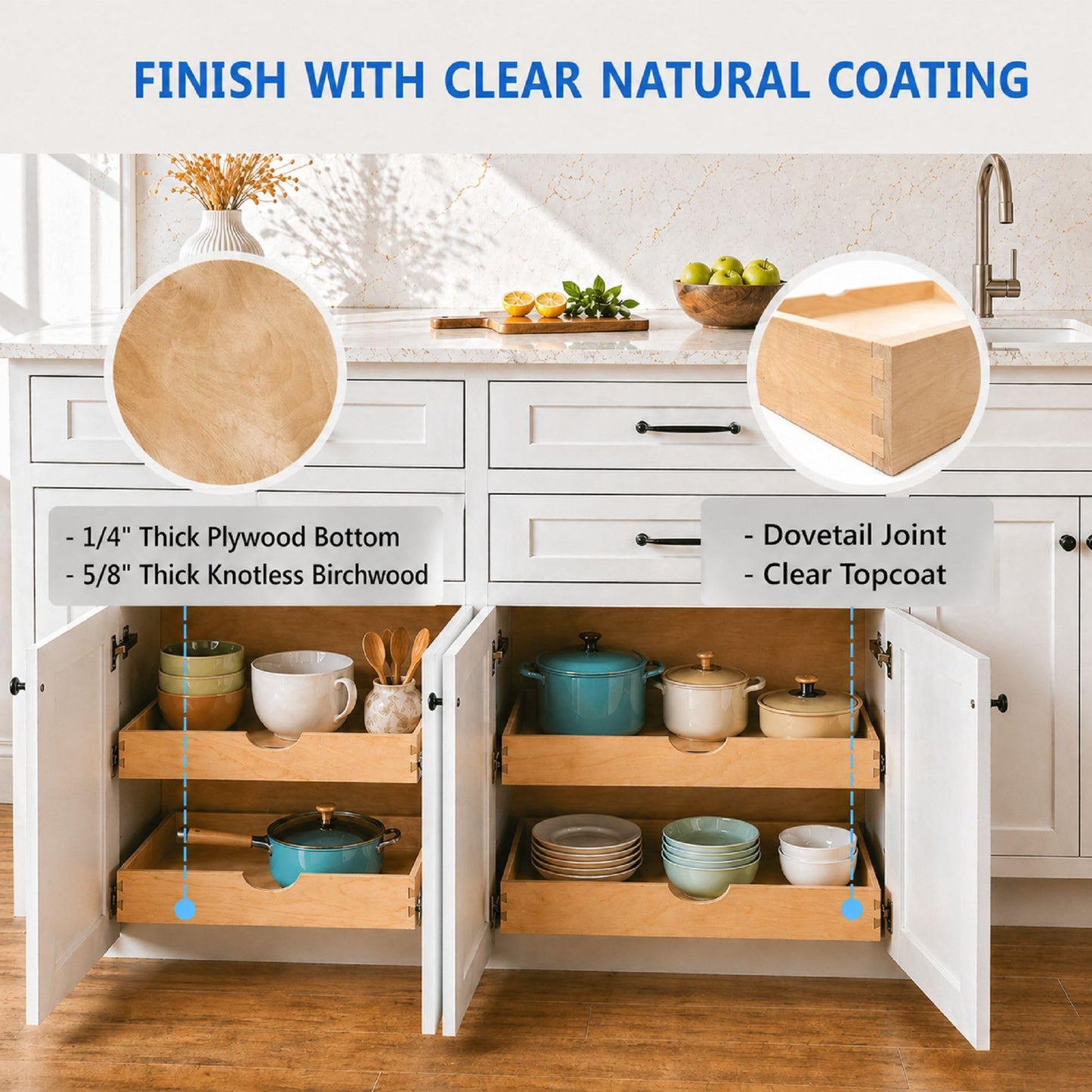 COUVER Birch Wood Pull-Out Cabinet Organizer - Soft Close Slide-Out Drawer for Kitchen & Bathroom, DIY Non-Assembled Wooden Under Sink Storage, Bottom-Mounted Side-Mounted, 33 inch