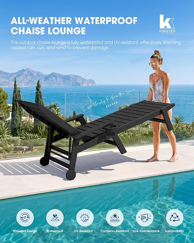 KINGYES HDPE Lounge Chair Outdoor Set of 4, Patio Chaise Lounge Recliner