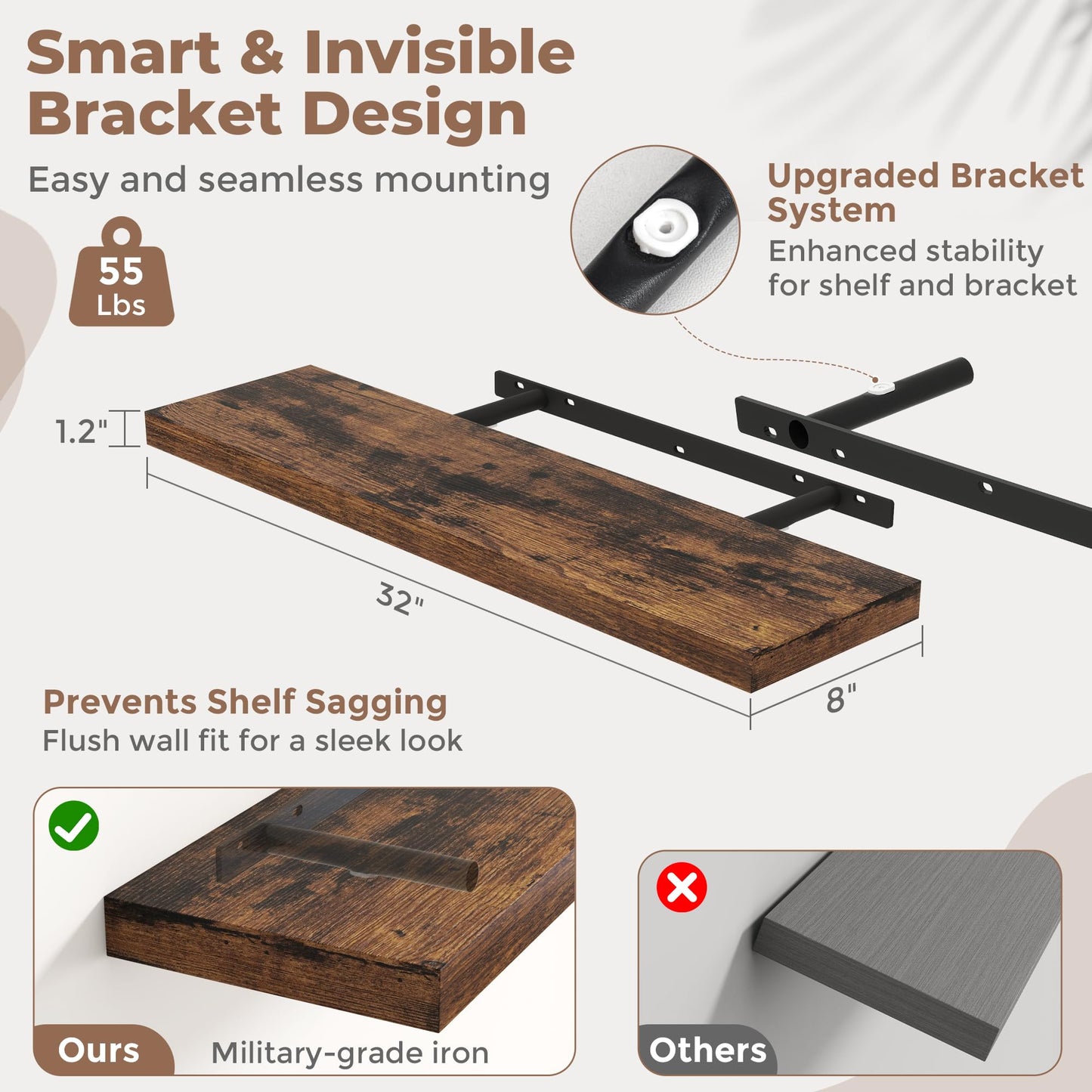 32 Inch Floating Shelves for Wall Set of 2, 8"D Wood Grain Bathroom Shelves with Invisible Brackets, Easy Install Engineered Wood Storage Shelves for Kitchen, Living Room, Bedroom, Rustic Brown Finish