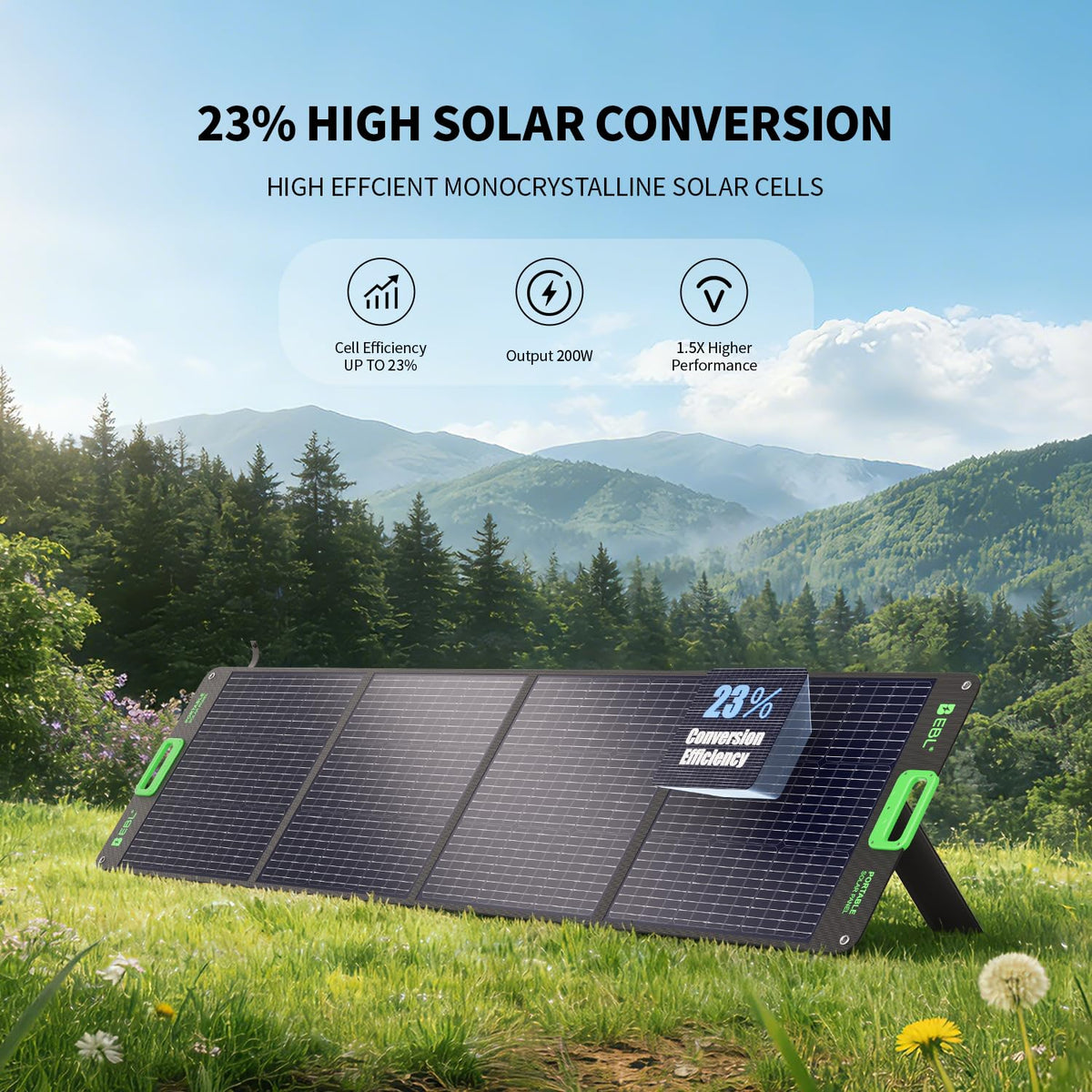 EBL 200W Portable Solar Panel for Power Station, Foldable Solar Charger w/ 4 Kickstands, IP65 Waterproof Solar Panel Kit w/DC XT60 Anderson Aviation Output for Outdoor RV Camper Blackout