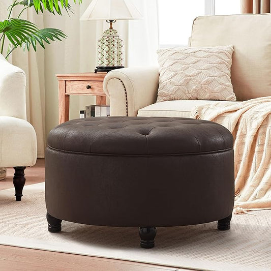 30-Inch Round Storage Ottoman, Button Tufted Ottoman Coffee Table