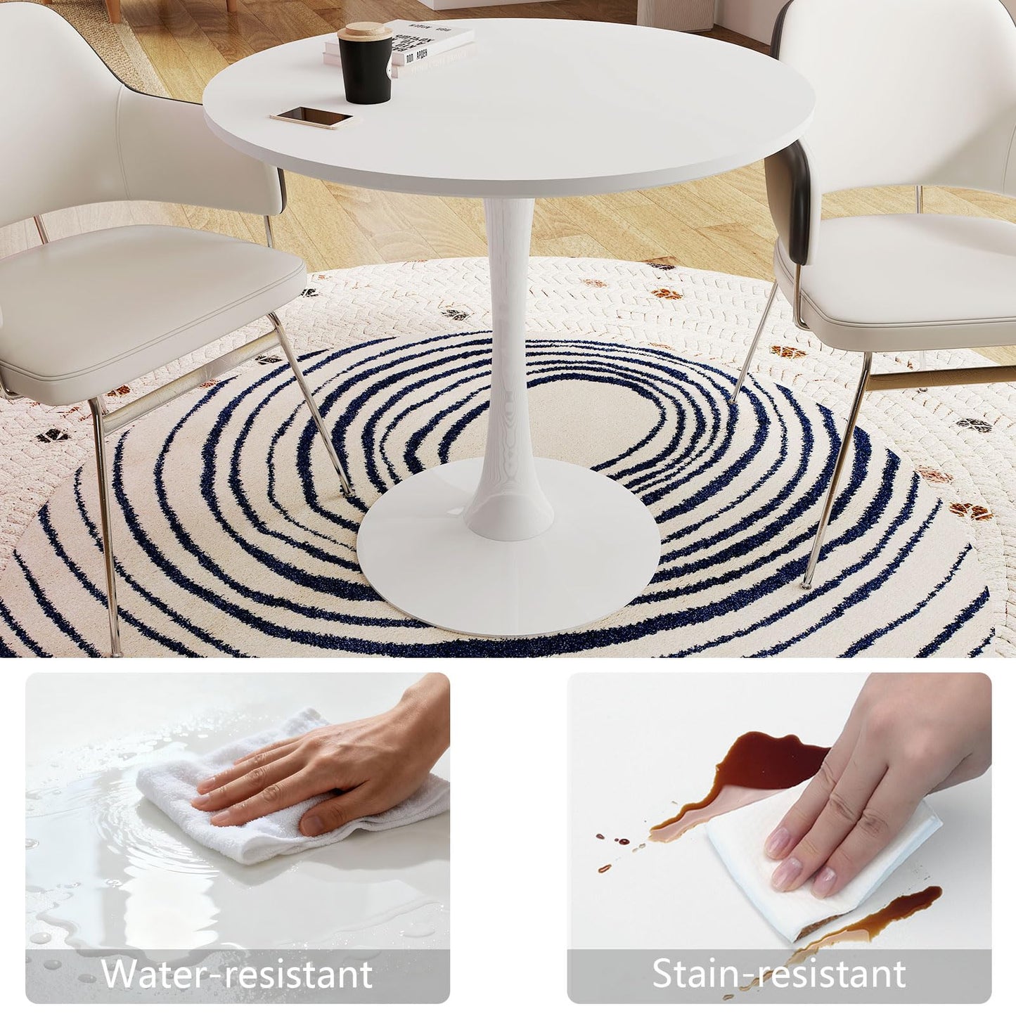 Permory 27.5" White Round Dining Table, MDF Top with Metal Pedestal Base, Modern Accent Table for Small Spaces, Kitchen, Dining Room & Living Room