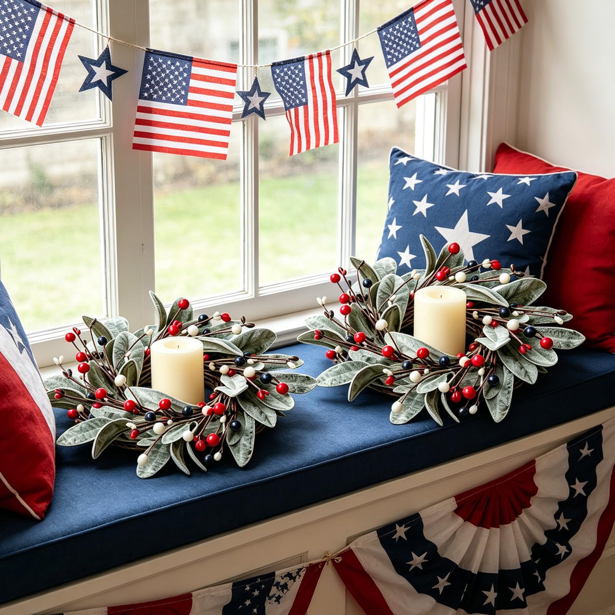 4 PCS Patriotic 4th of July Candle Rings Wreaths Independence Day Candle Rings Holder with Red White Blue Berries & Lamb's Leaves Mini Memorial Day Labor Day Wreath for Home Table Centerpiece Decor