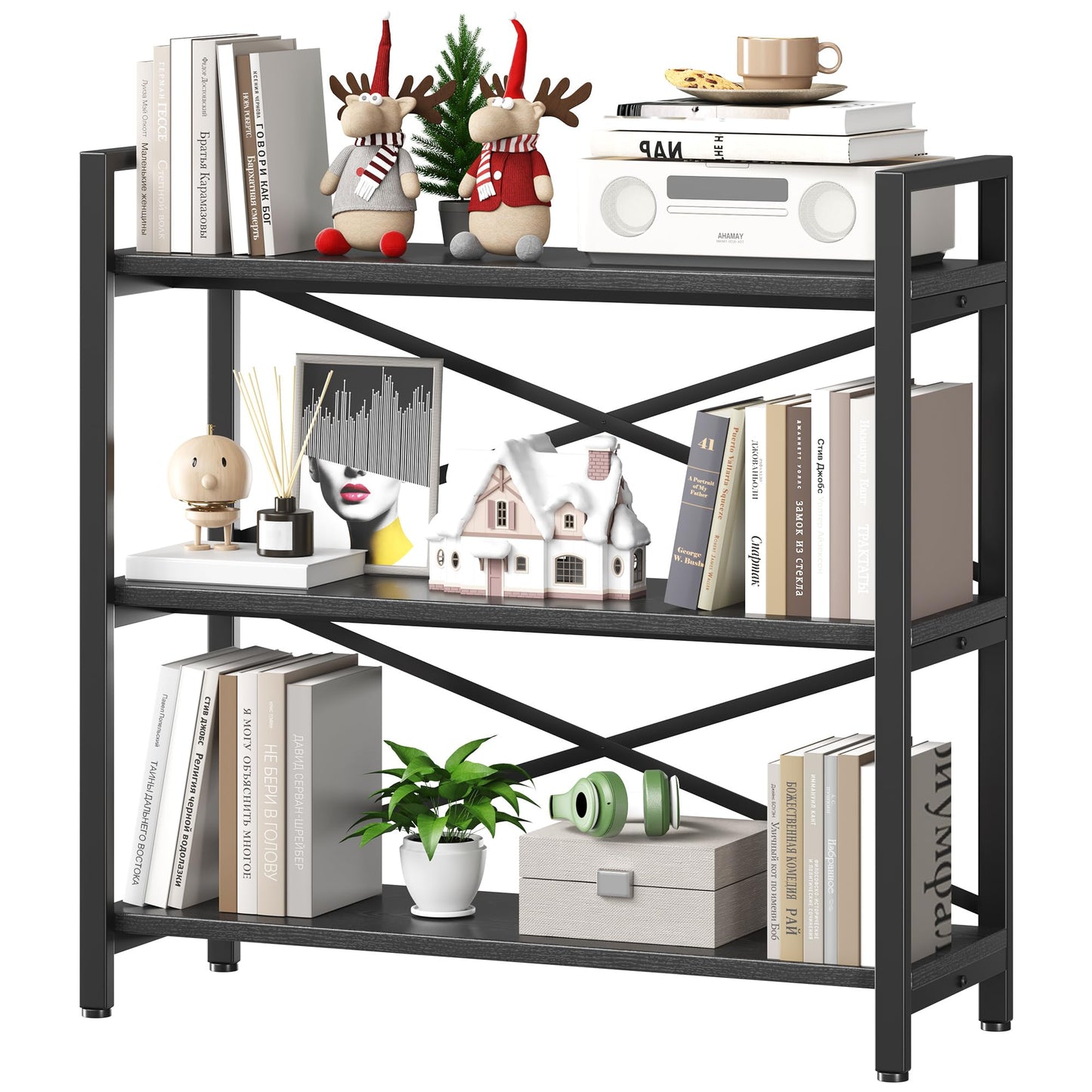 Homeiju 3 Tier Bookshelf 31.49" Width, Wood and Metal Etagere Bookcase, Vintage Farmhouse Modern Wooden Big Book Shelf for Home Living Room Bedroom Office Storage(Black)