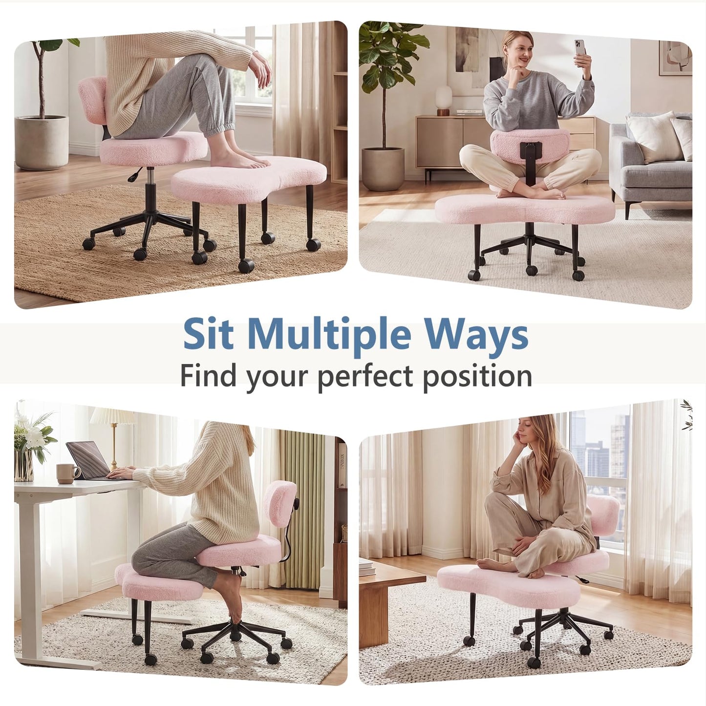 DUMOS Ergonomic ADHD Cross Legged Office Desk Chair with Adjustable Backrest, Height Adjustable Meditation Chair with 360° Swivel Footstool, Teddy Fabric Yoga Stool for Home Office, Pink