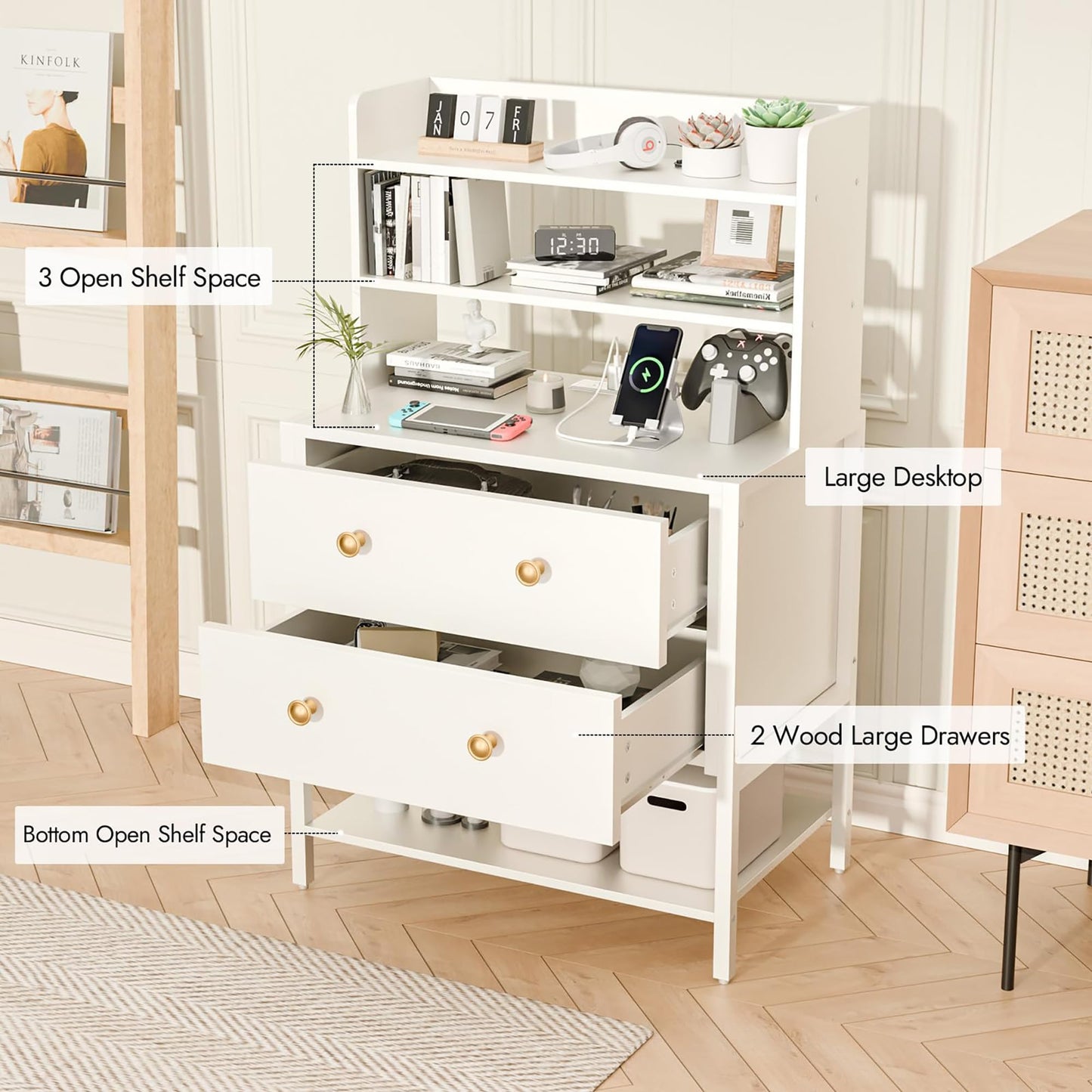 PATAVOT 24 Inch Wide Night Stand, Large Wooden Night Stand with 2 Adjustable Drawes, Tall Nightstand with 4-Tier Shelves and Charging Station, Bedside Table for Living Room/Bedroom/Office, White.
