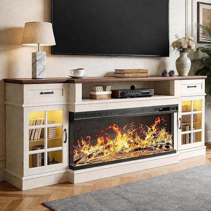 MXV 80" Fireplace TV Stand, 3-Sided Glass Fireplace and Modern Entertainment