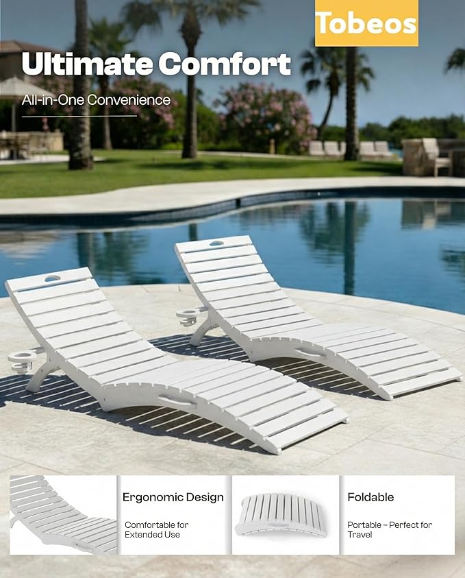 Folding HDPE Pool Lounge Chairs Set of 6, Pre-Assembled Outdoor Chaise Lounge