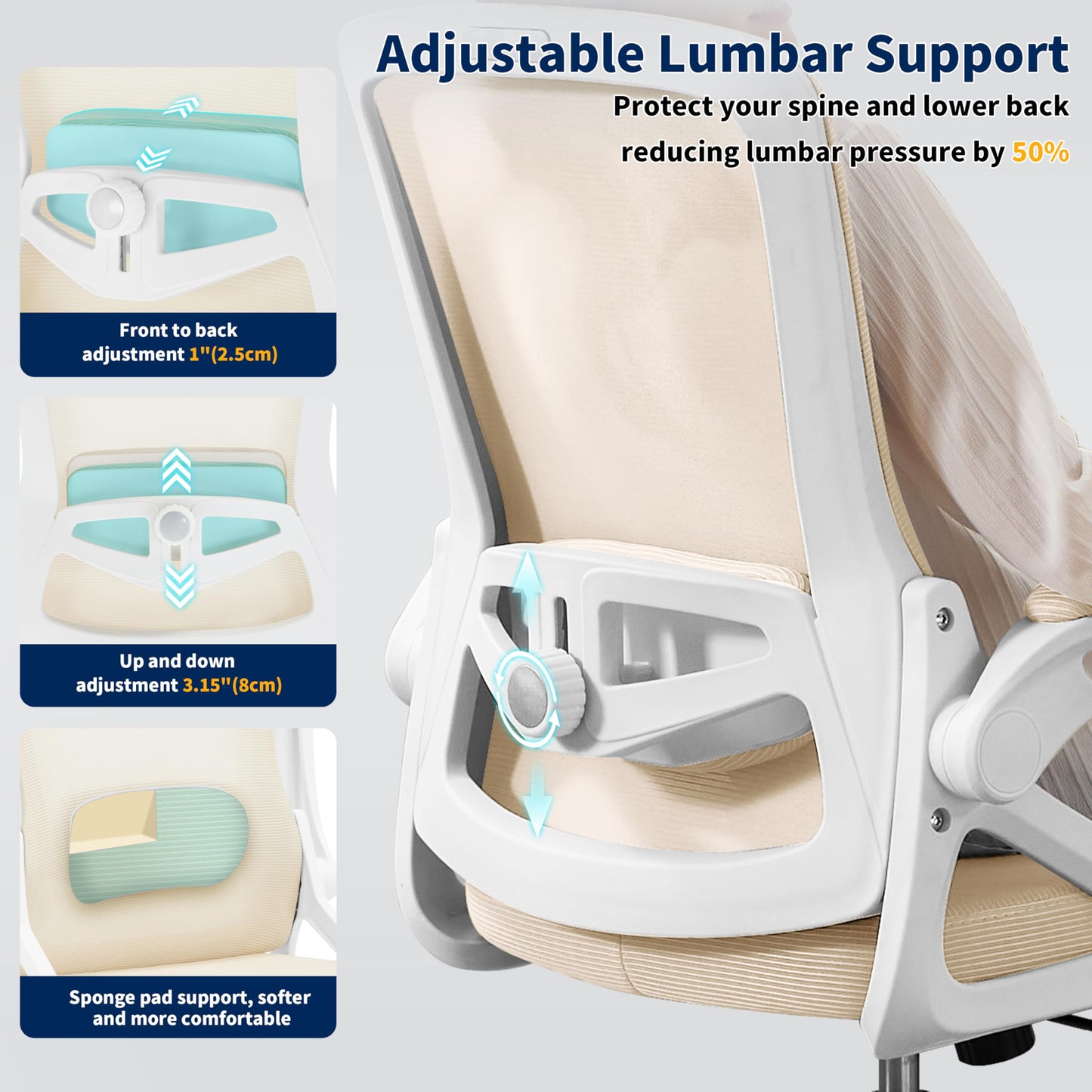 Ergonomic Office Chair, Desk Chair with Adjustable Lumbar Support, Breathable Mesh Comfy Computer Chairs with Flip-up Armrests Executive Task Chair for Adults Home Office (Buff Beige)