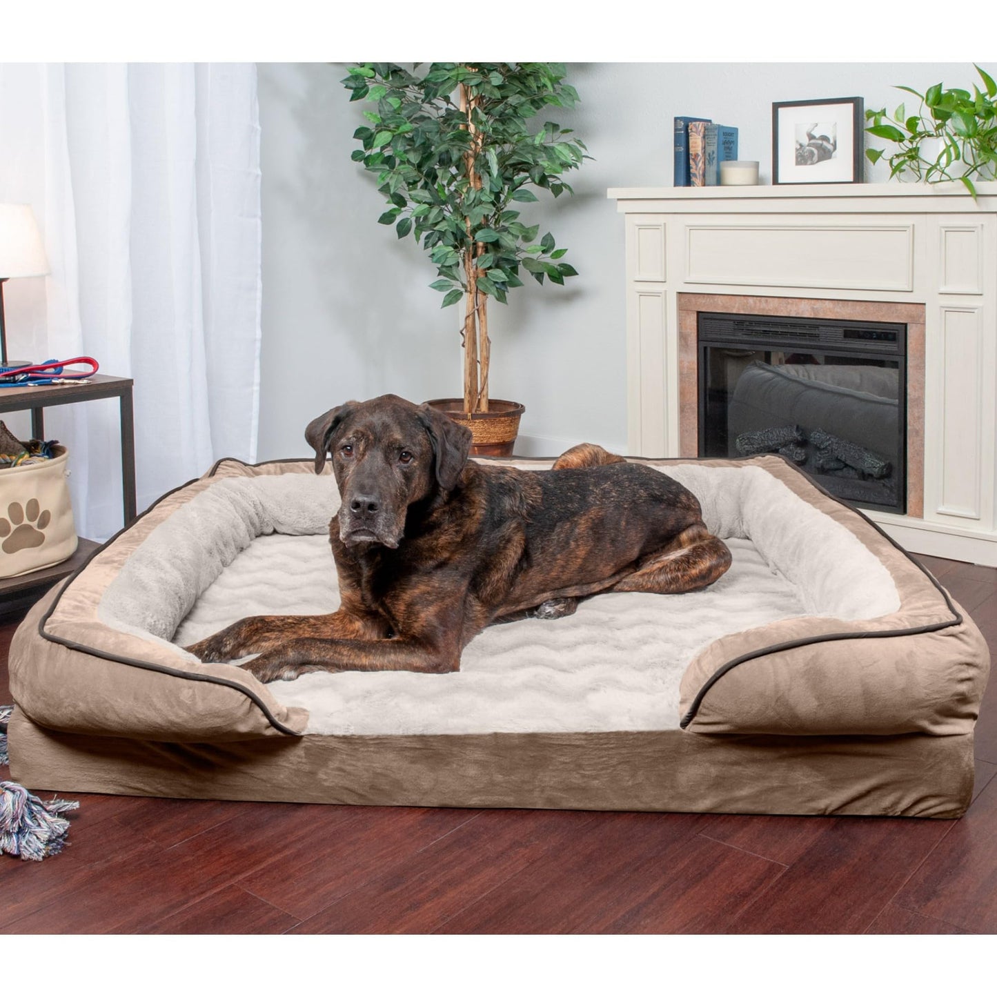 Furhaven Orthopedic Dog Bed for Large Dogs w/ Removable Bolsters & Washable Cover, For Dogs Up to 125 lbs - Plush & Velvet Waves Perfect Comfort Sofa - Brownstone, Jumbo Plus/XXL
