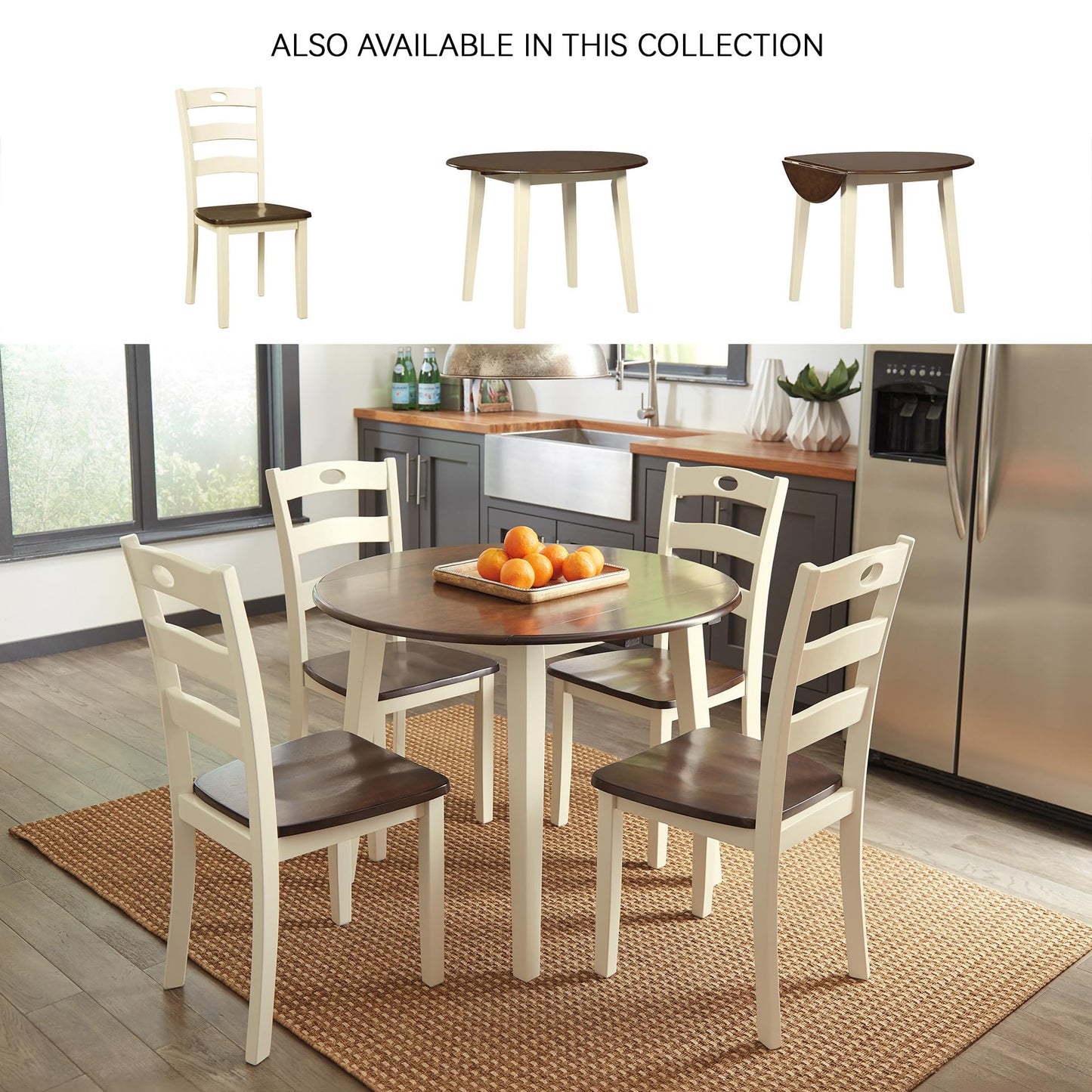 Signature Design by Ashley Woodanville Cottage 40" Round Drop Leaf Dining Table, Cream & Brown