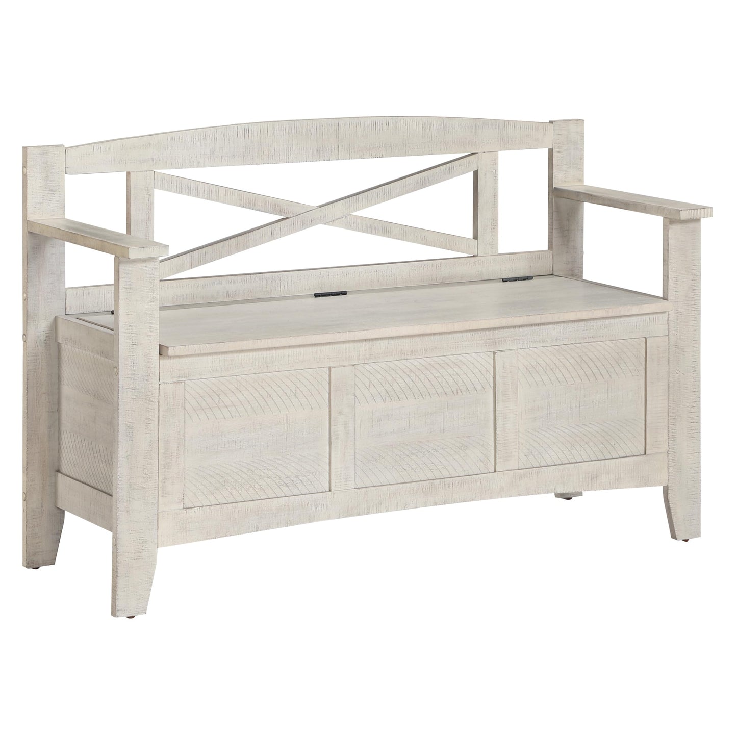 OSP Home Furnishings Metro Entry Way Storage Bench with X-Back, Distressed White Finish